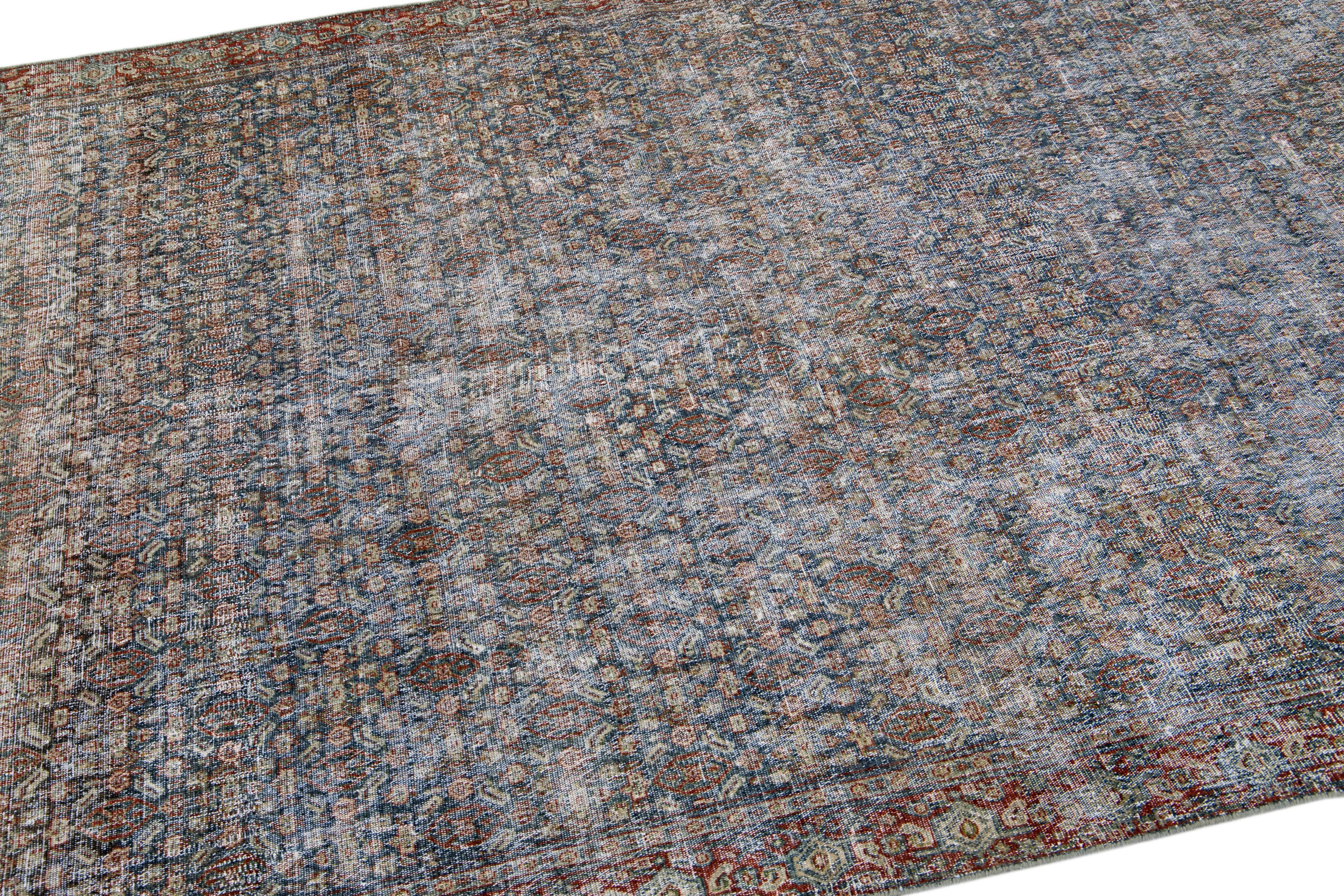 Antique Malayer Handmade Allover Floral Pattern Blue Wool Runner For Sale 1