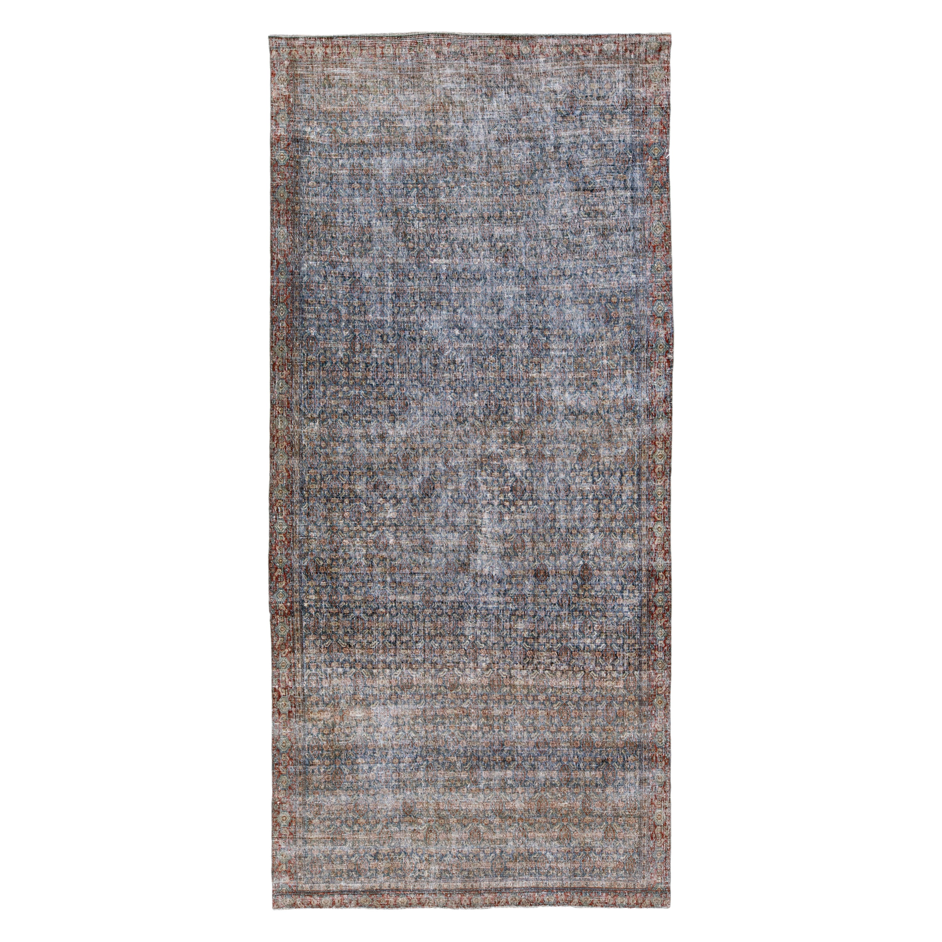 Antiker handgefertigter Vintage Malayer Allover-Läufer aus blauer Wolle mit Blumenmuster im Angebot