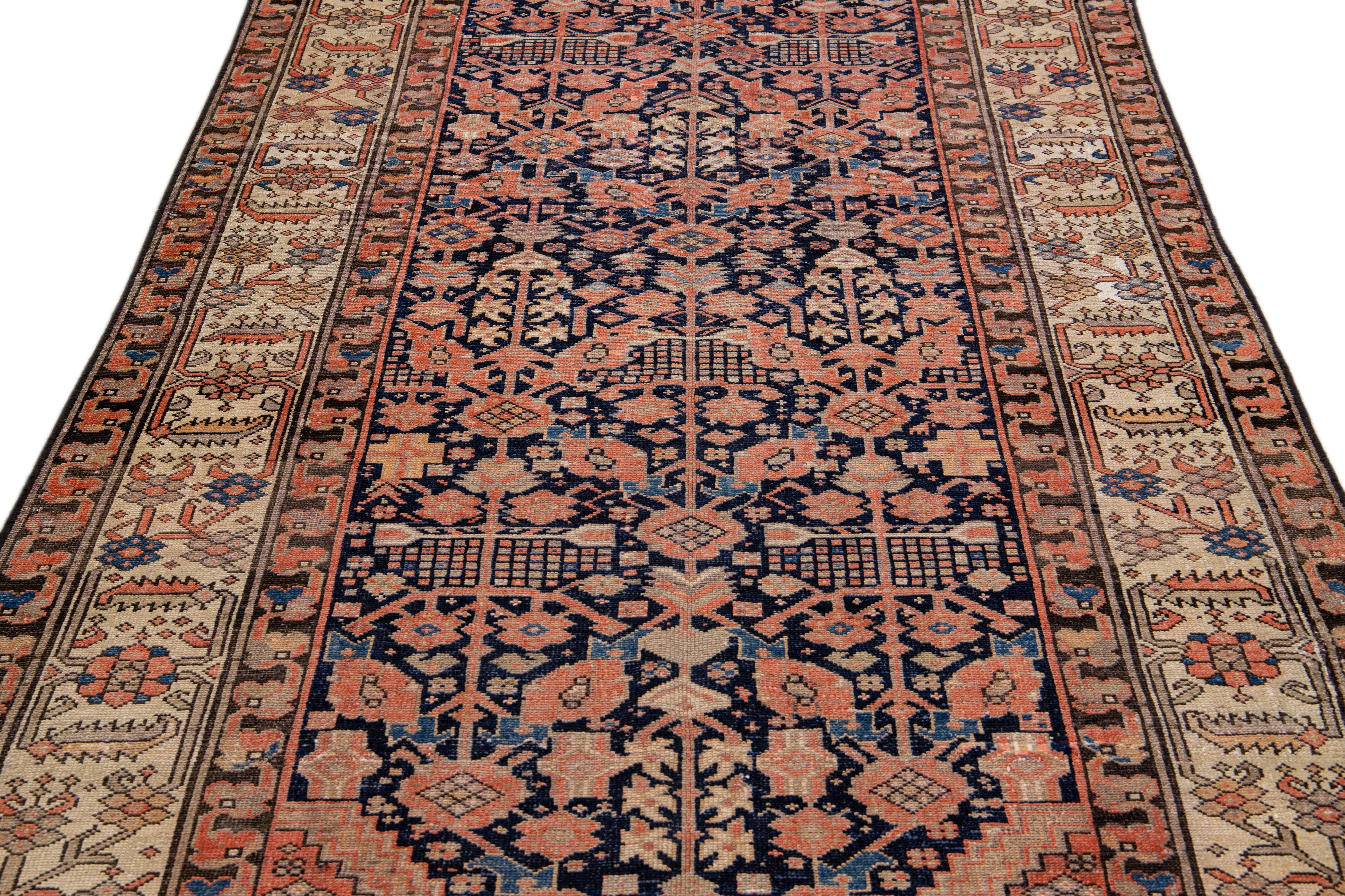 Islamic Antique Malayer Handmade Allover Motif Blue and Rust Wool Runner For Sale
