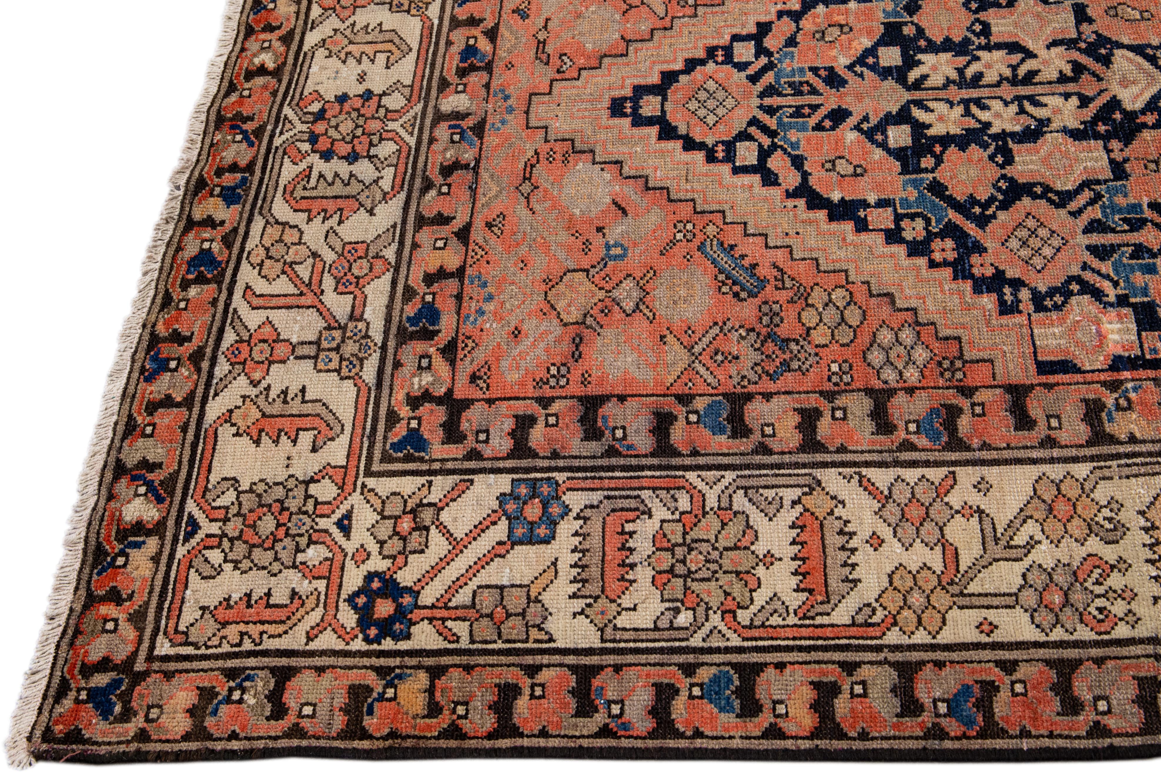 Persian Antique Malayer Handmade Allover Motif Blue and Rust Wool Runner For Sale
