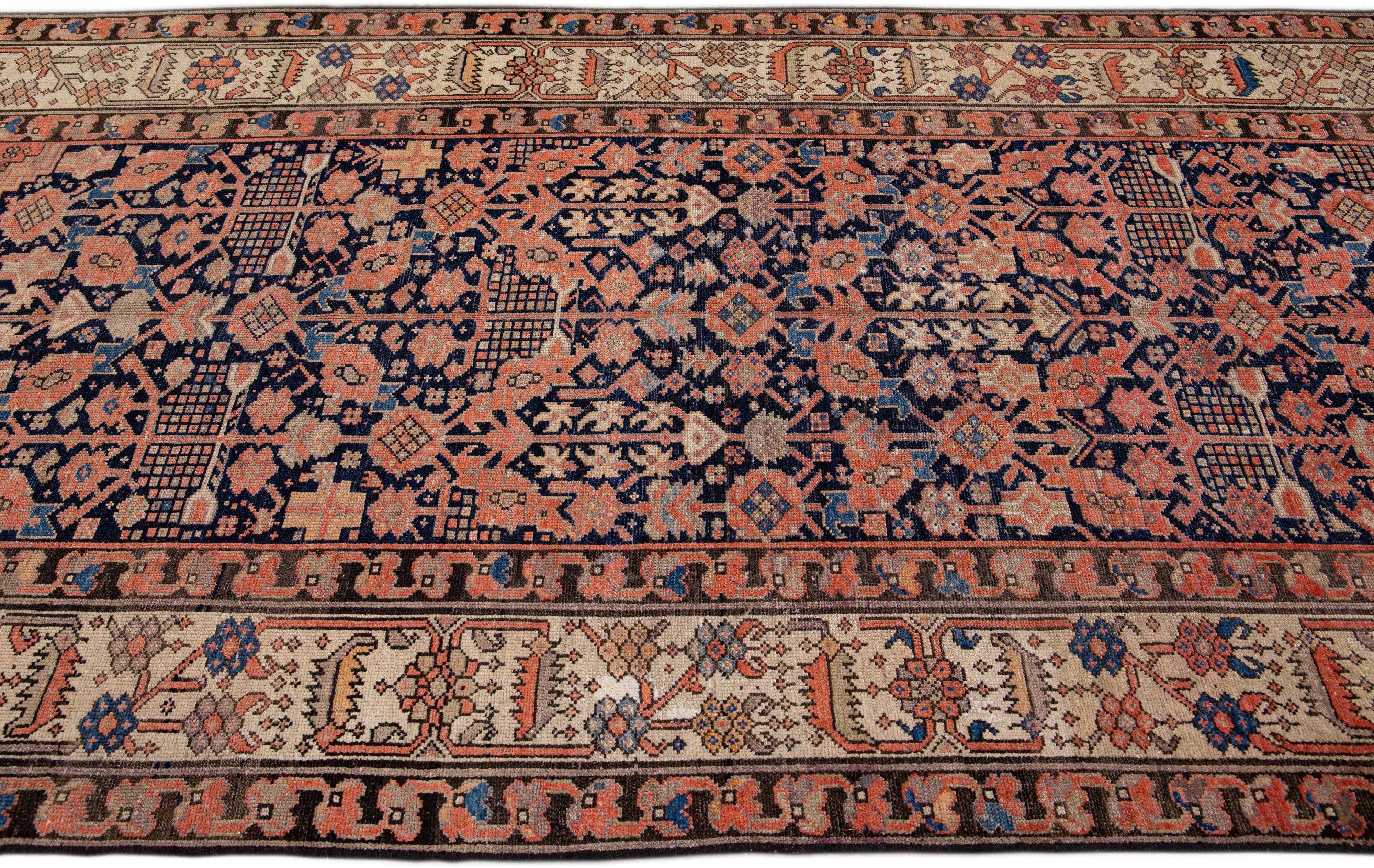 Hand-Knotted Antique Malayer Handmade Allover Motif Blue and Rust Wool Runner For Sale