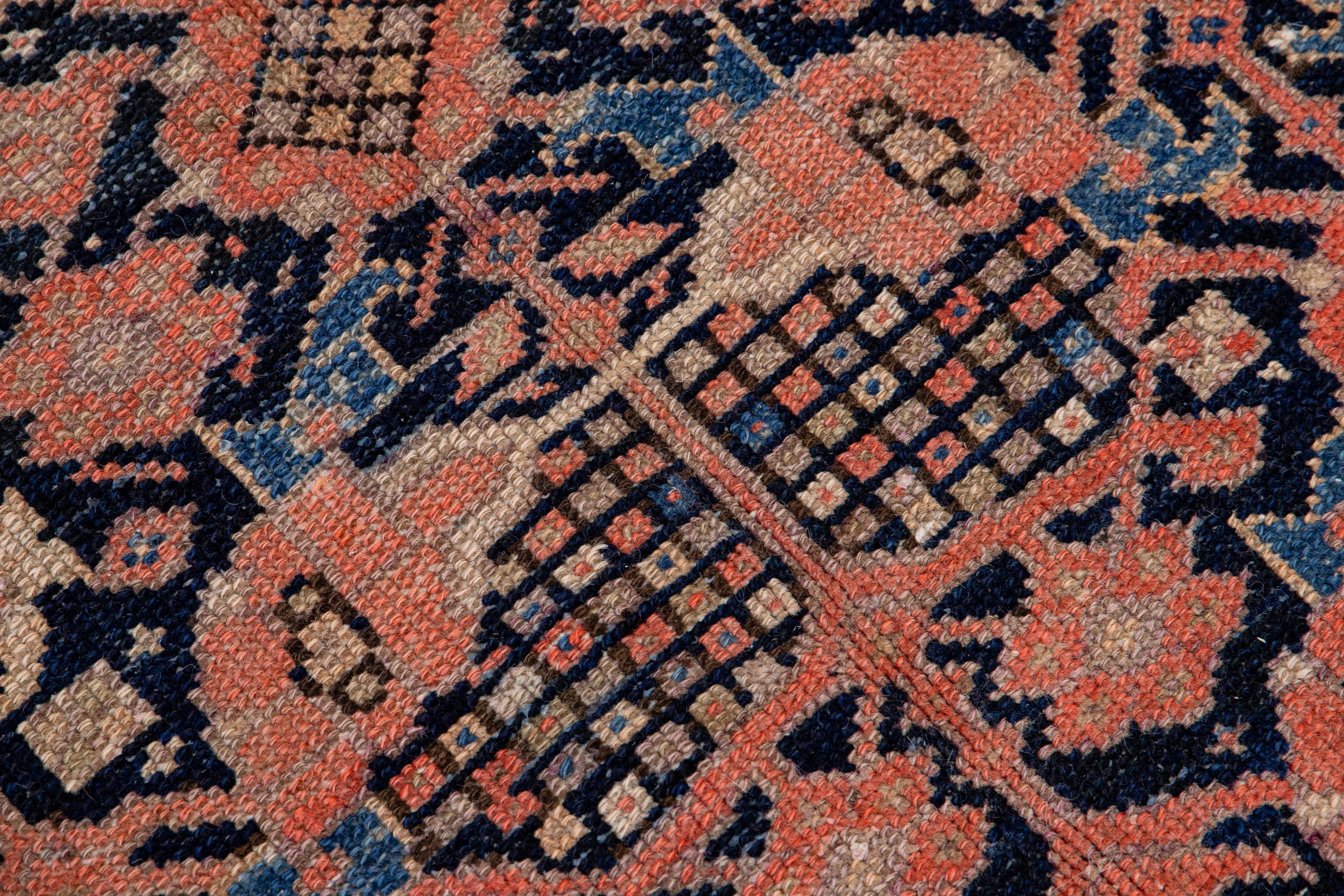 20th Century Antique Malayer Handmade Allover Motif Blue and Rust Wool Runner For Sale