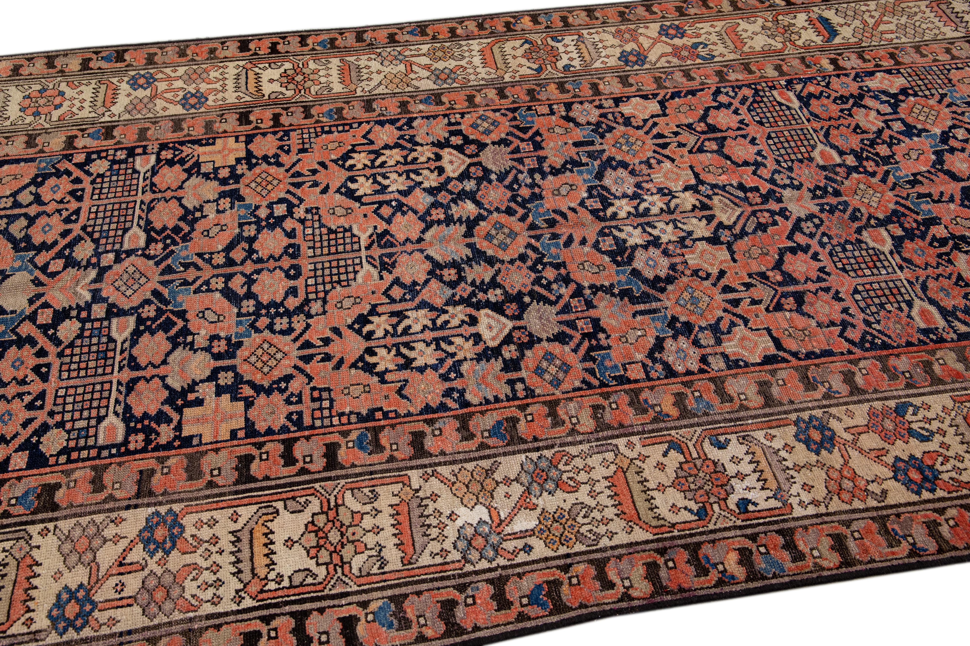 Antique Malayer Handmade Allover Motif Blue and Rust Wool Runner For Sale 1