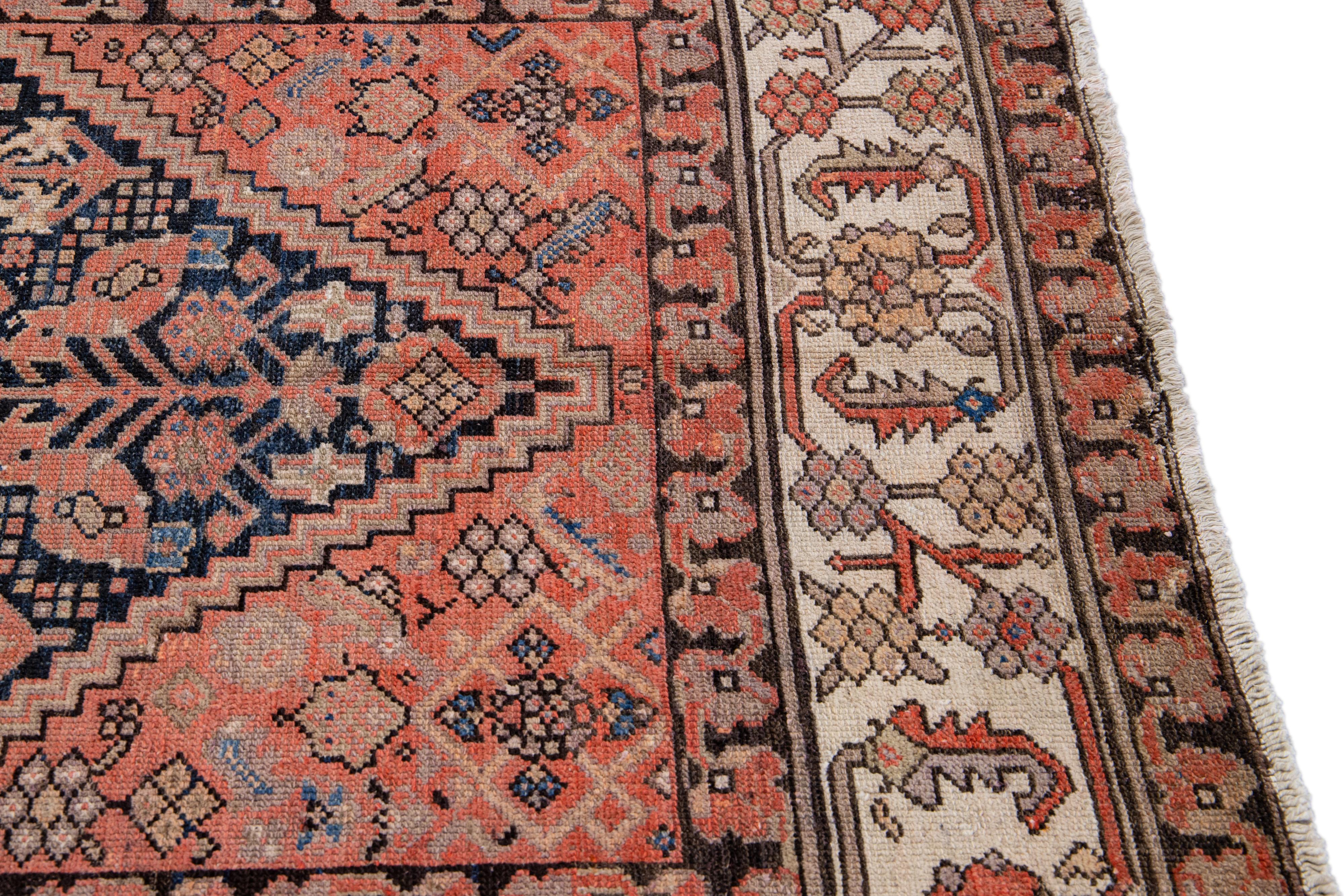 Antique Malayer Handmade Allover Motif Blue and Rust Wool Runner For Sale 2