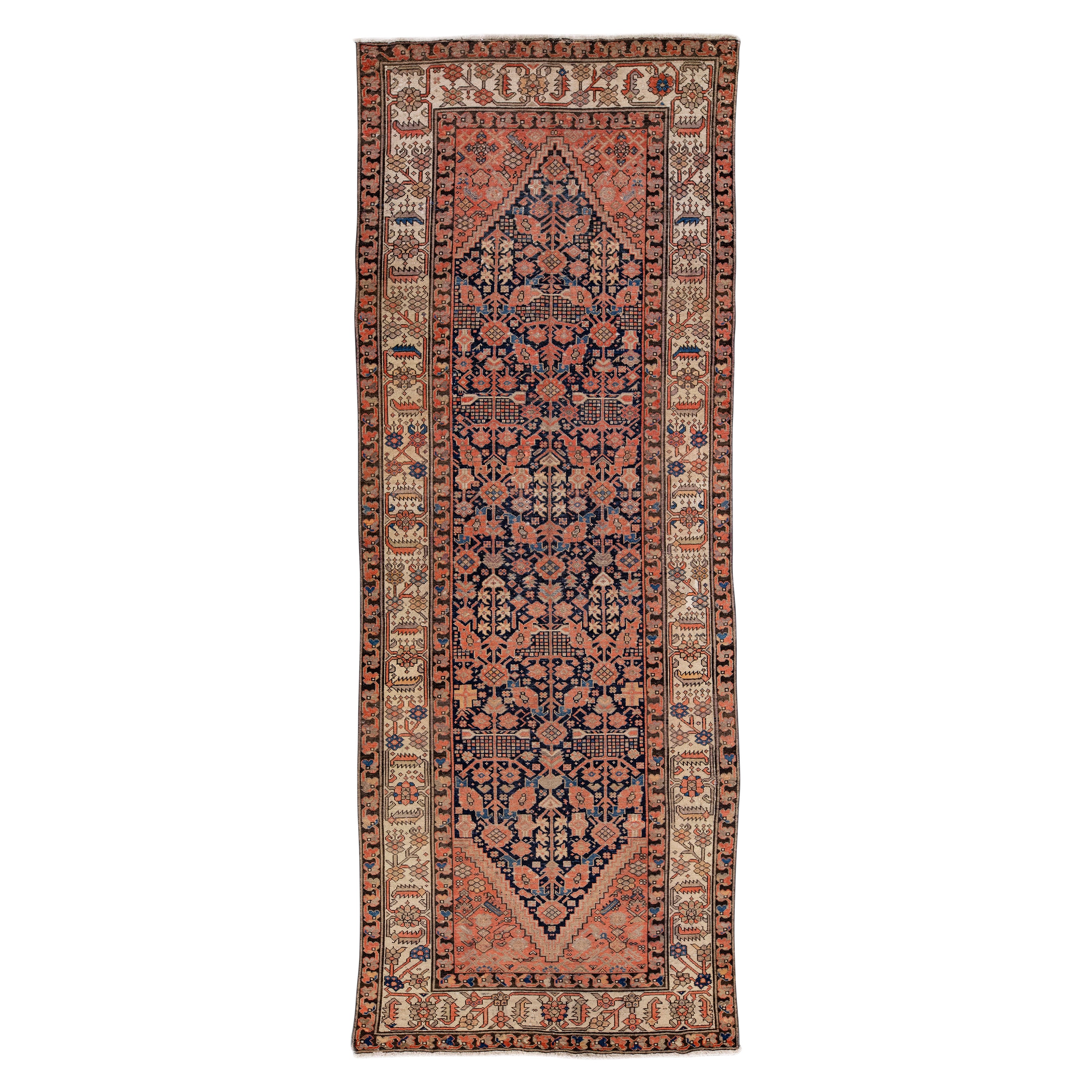 Tapis de couloir Malayer ancien en laine bleue et rouille à motifs intégraux faits à la main