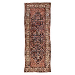 Tapis de couloir Malayer ancien en laine bleue et rouille à motifs intégraux faits à la main