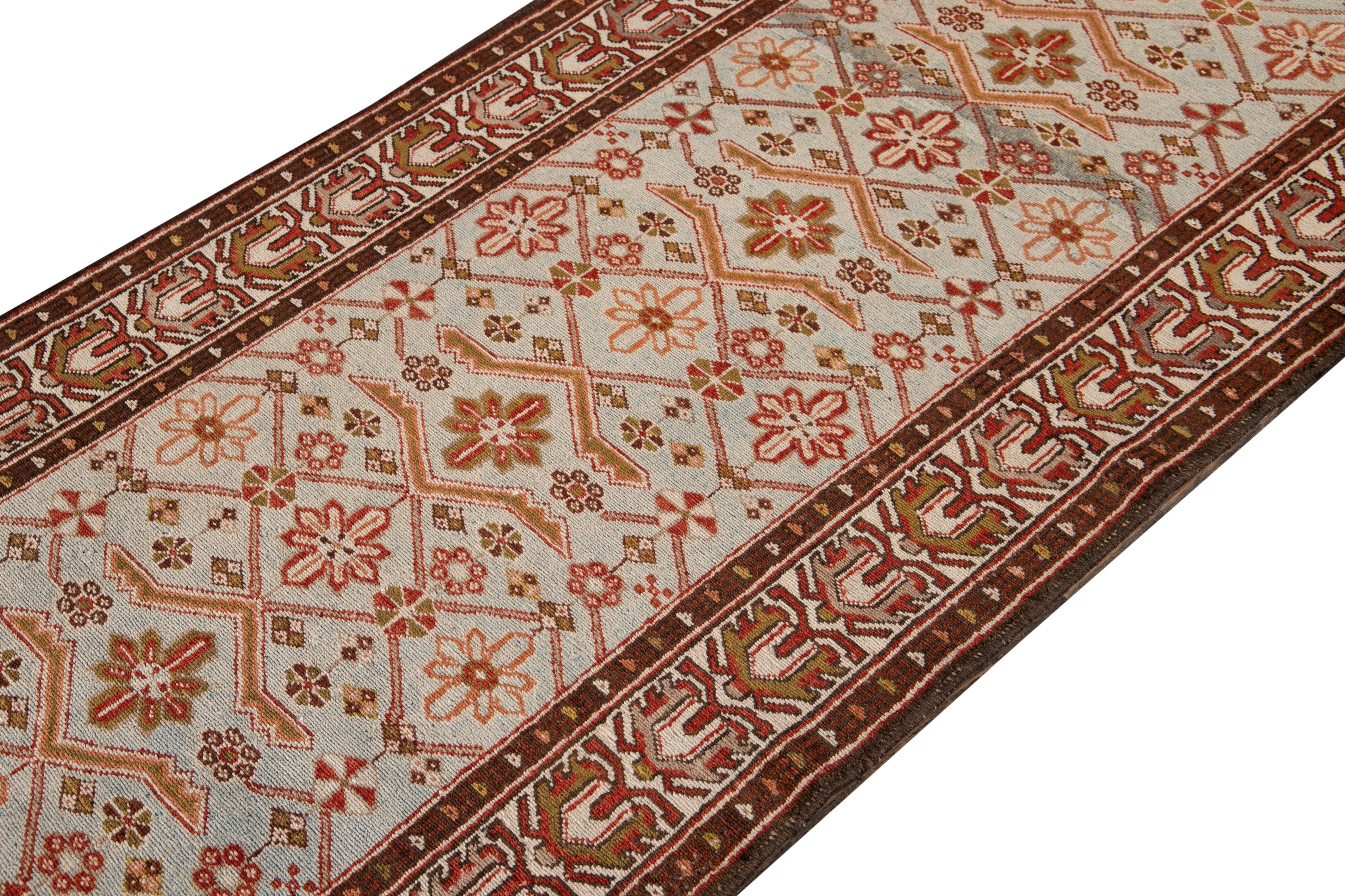 Antique Malayer Handmade Allover Motif Light Blue Wool Runner In Excellent Condition For Sale In Norwalk, CT