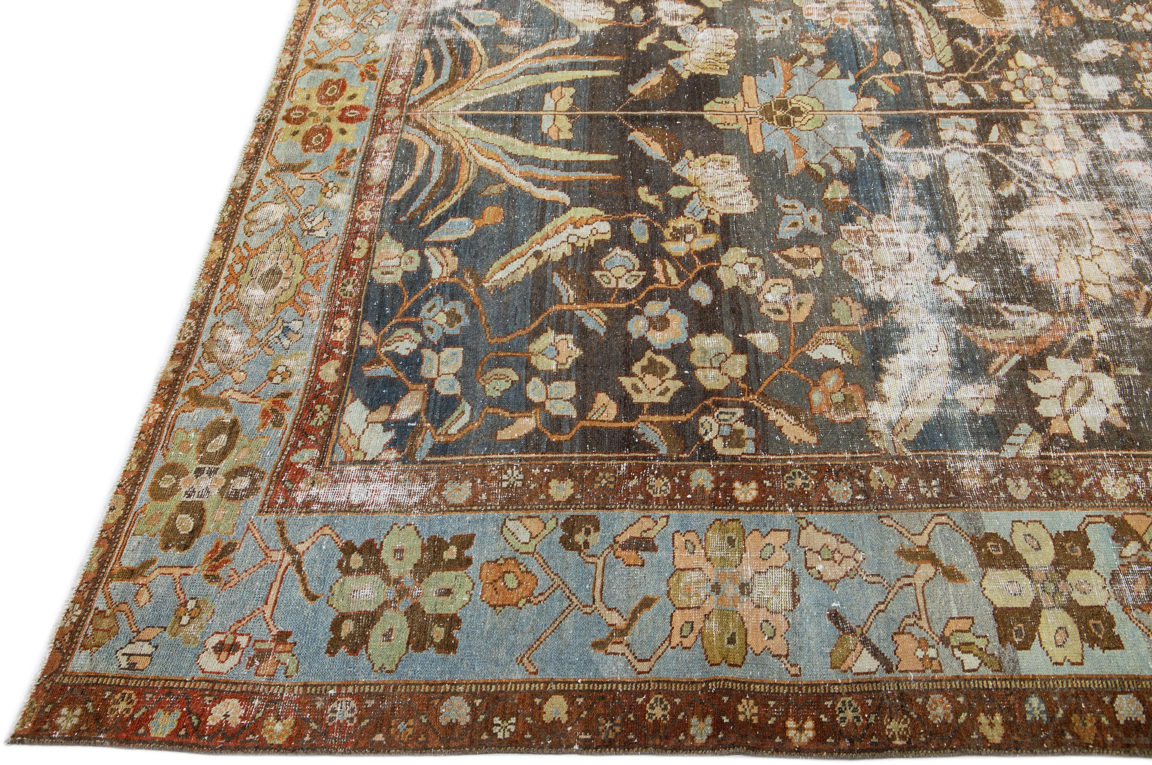 Persian Antique Malayer Handmade Allover Pattern Distressed Blue Wool Rug For Sale