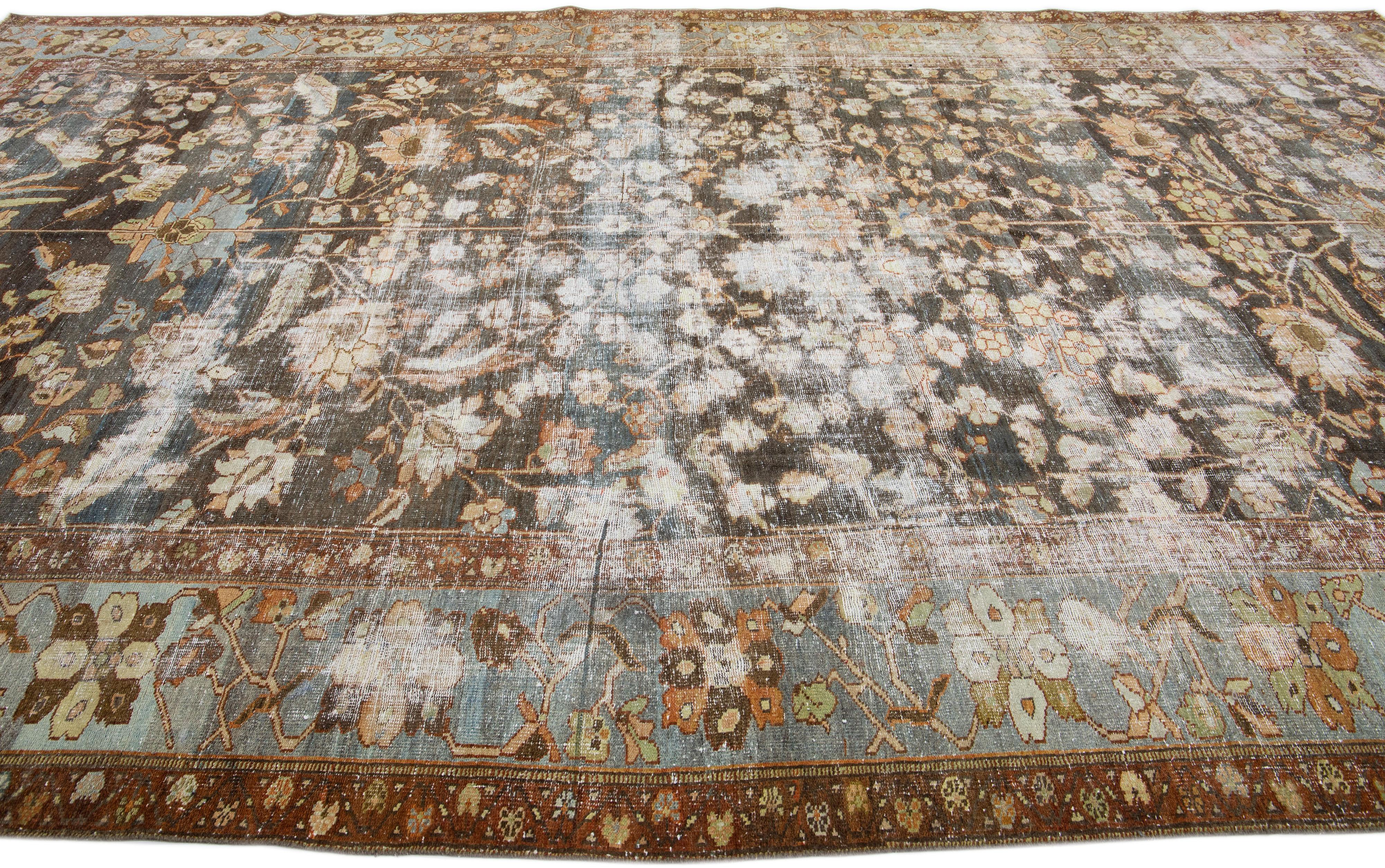 Hand-Knotted Antique Malayer Handmade Allover Pattern Distressed Blue Wool Rug For Sale