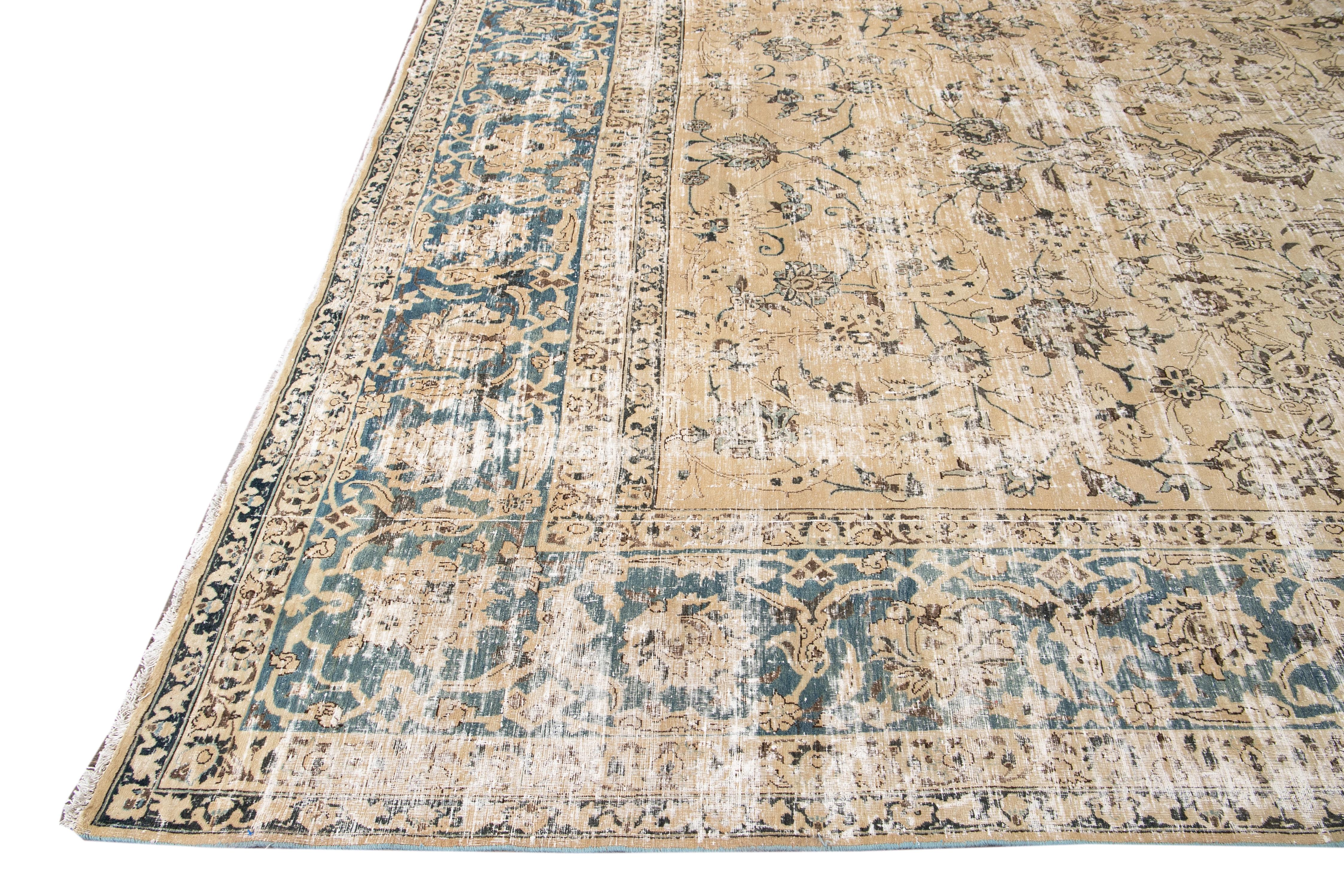 Persian Antique Malayer Handmade Beige Shabby Chic Floral Wool Rug For Sale
