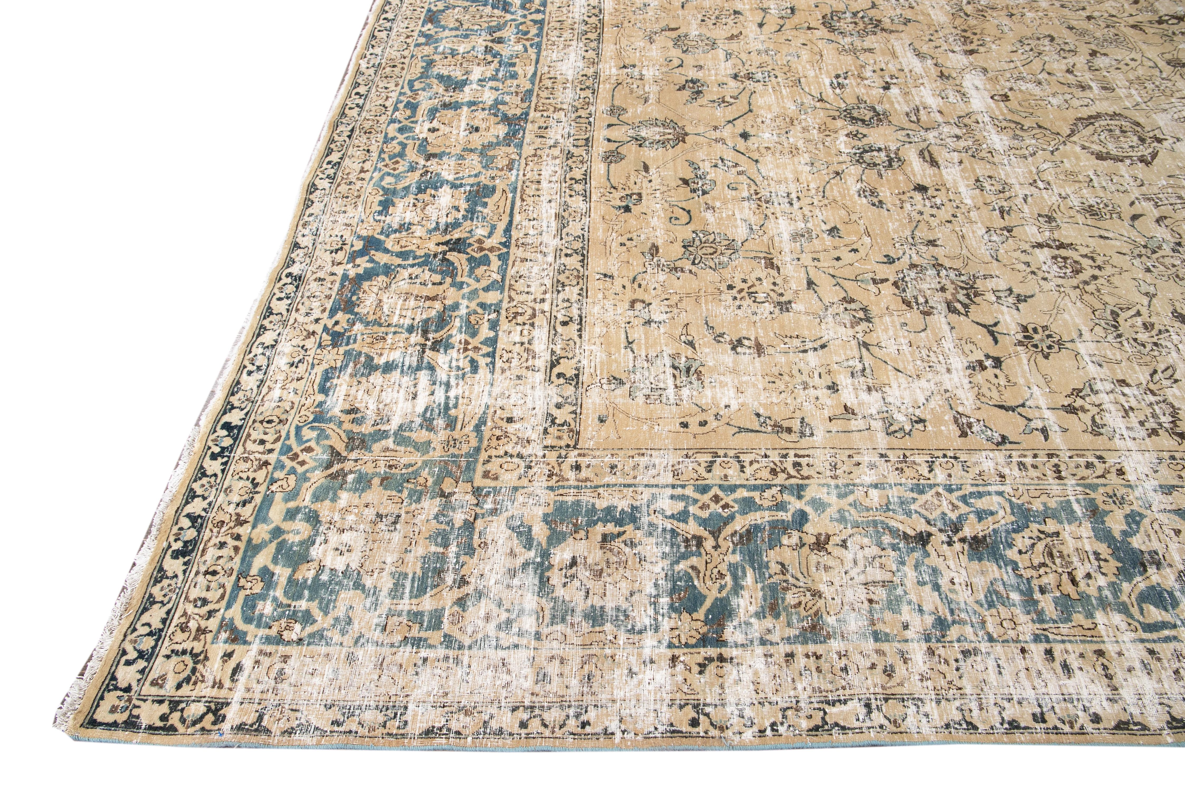Noué à la main Tapis antique Malayer fait à la main en laine beige Shabby Chic Floral en vente