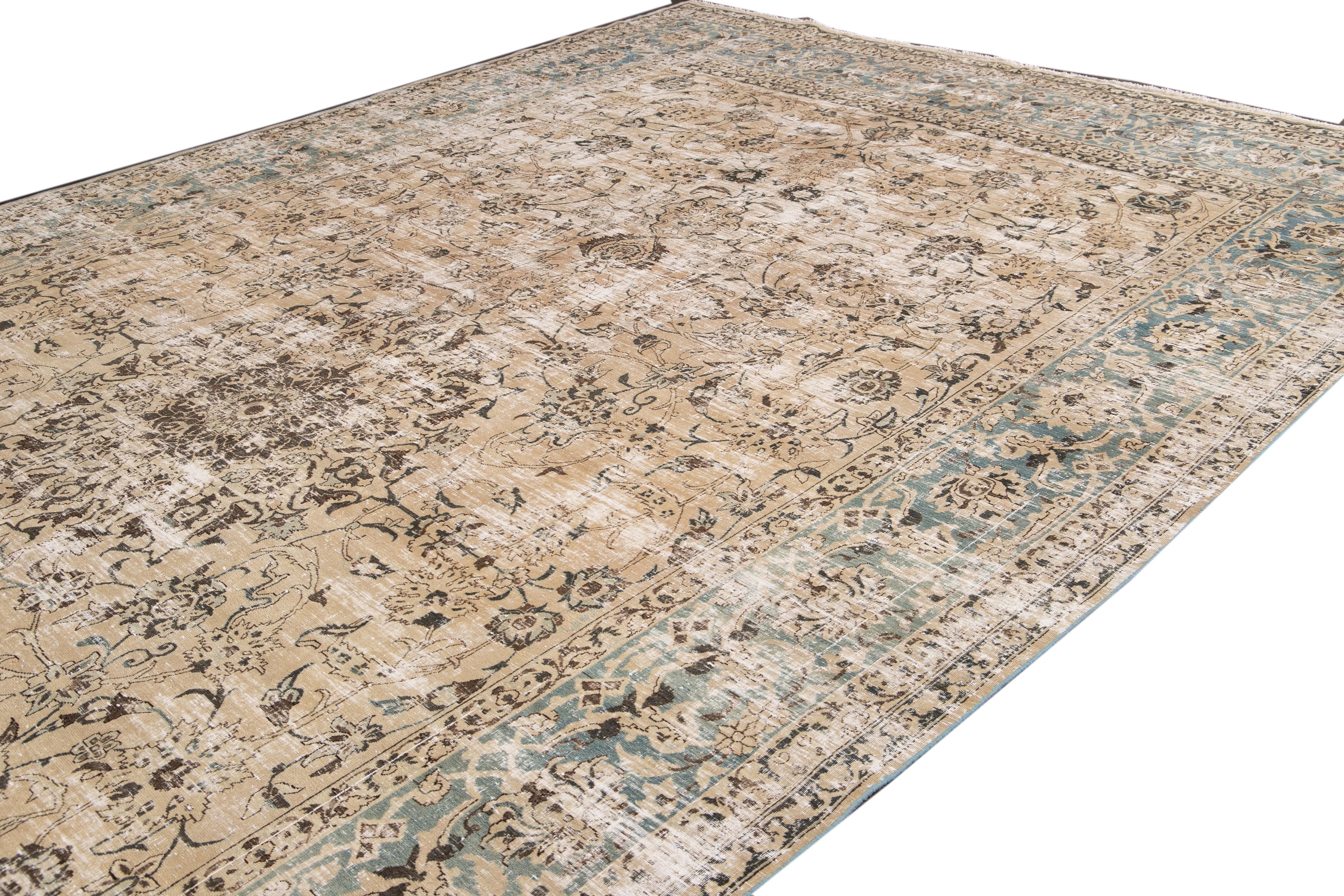 Hand-Knotted Antique Malayer Handmade Beige Shabby Chic Floral Wool Rug For Sale