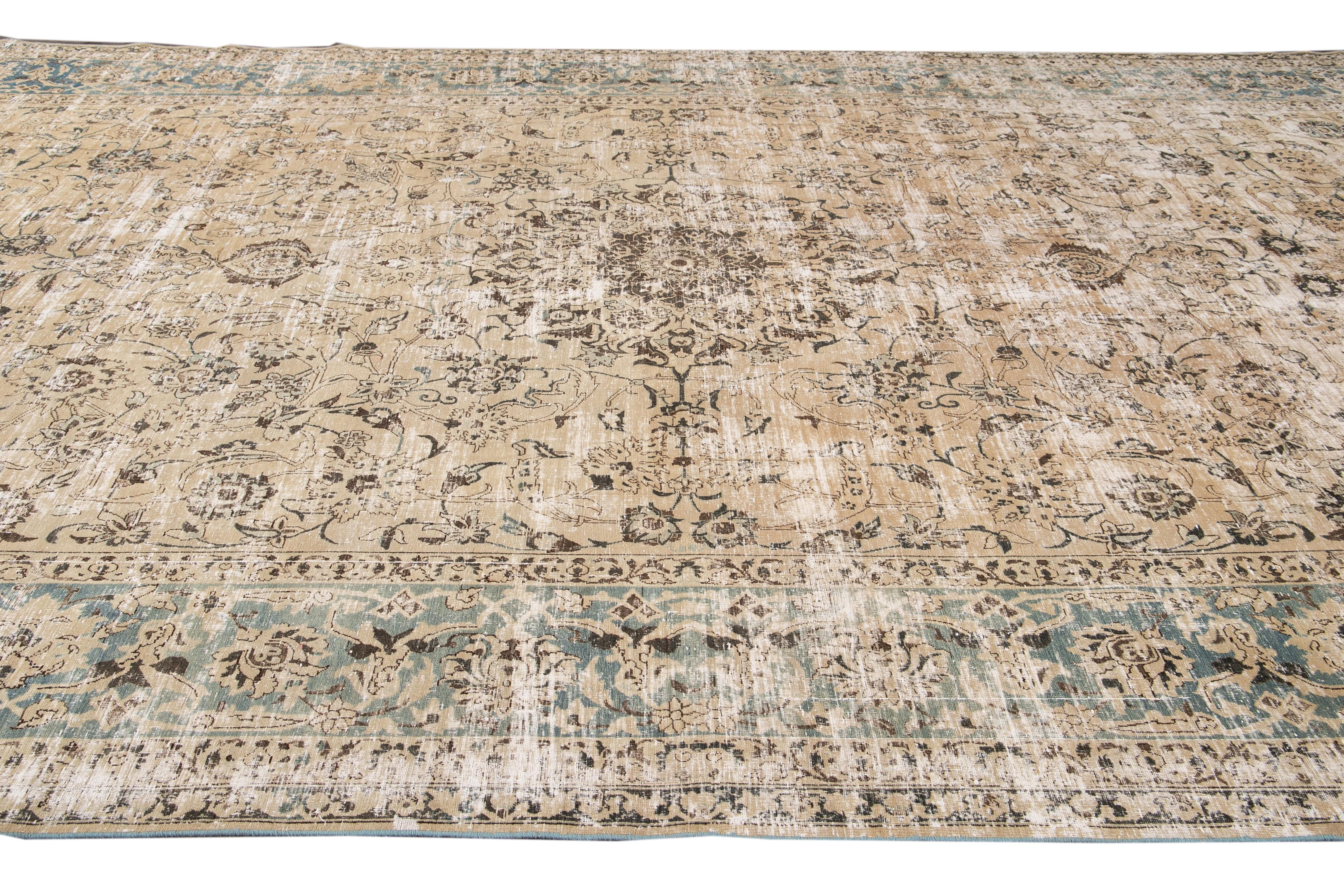 Antique Malayer Handmade Beige Shabby Chic Floral Wool Rug In Distressed Condition For Sale In Norwalk, CT