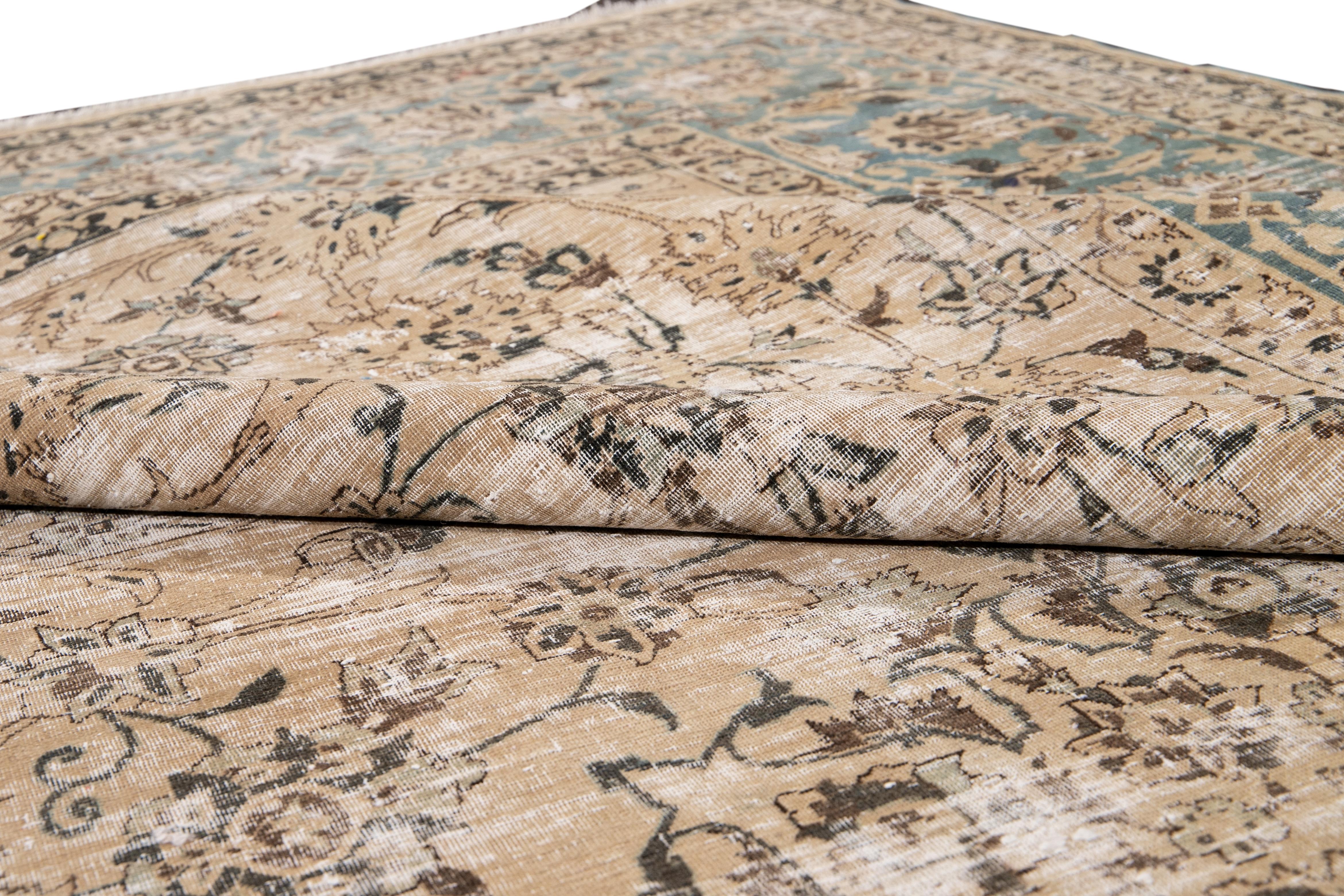 Laine Tapis antique Malayer fait à la main en laine beige Shabby Chic Floral en vente