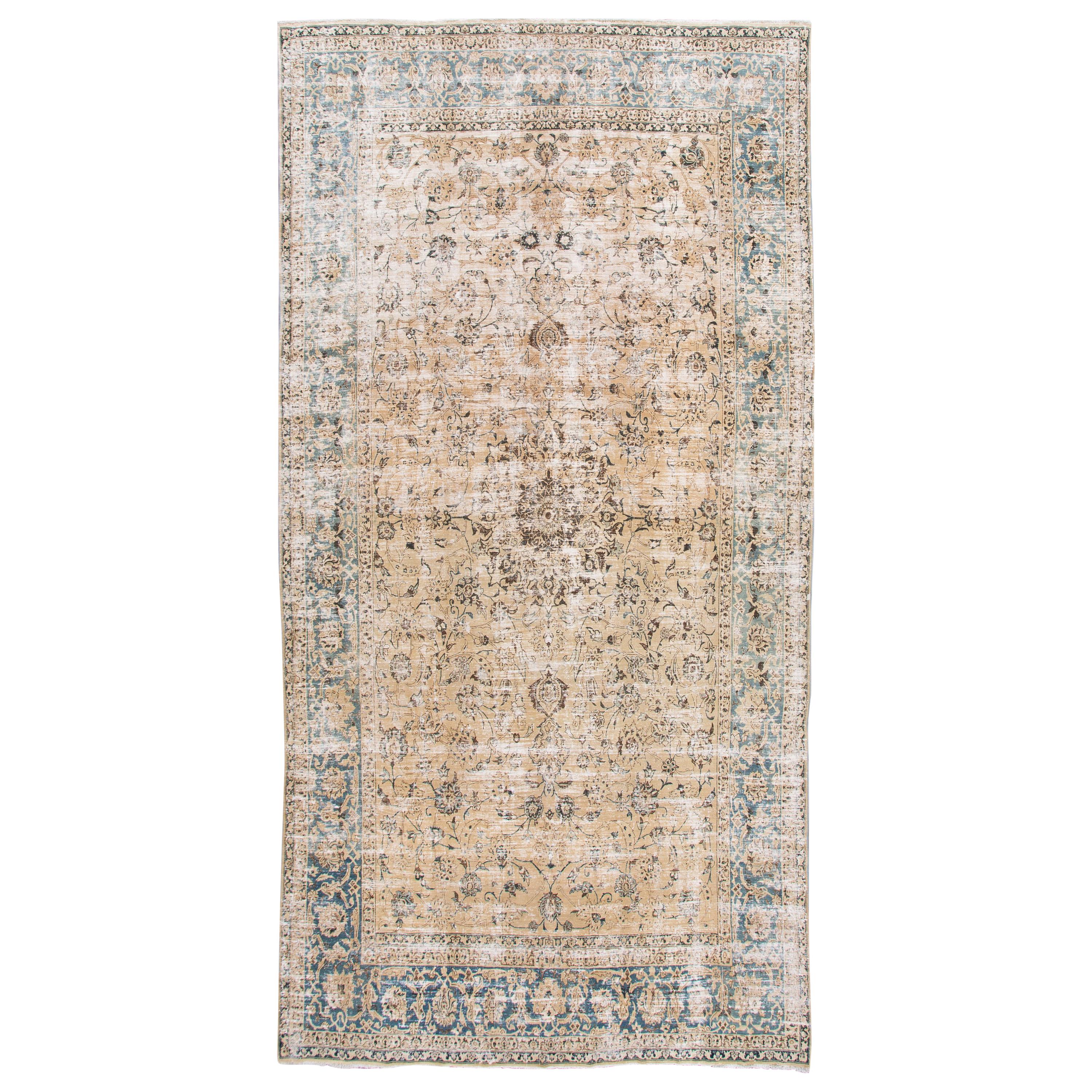 Antique Malayer Handmade Beige Shabby Chic Floral Wool Rug For Sale