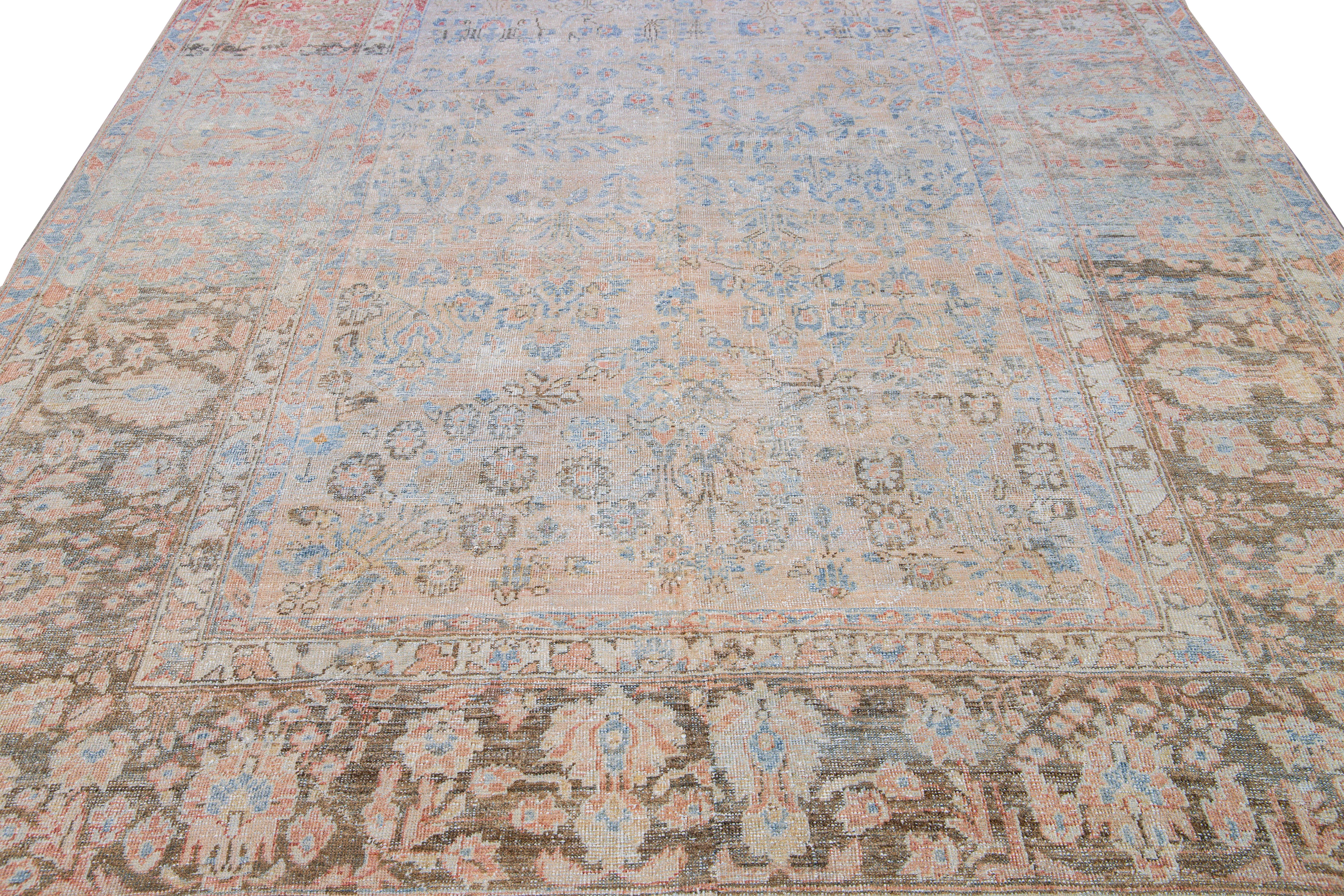 Islamic Antique Malayer Handmade Blue and Peach Floral Wool Rug For Sale
