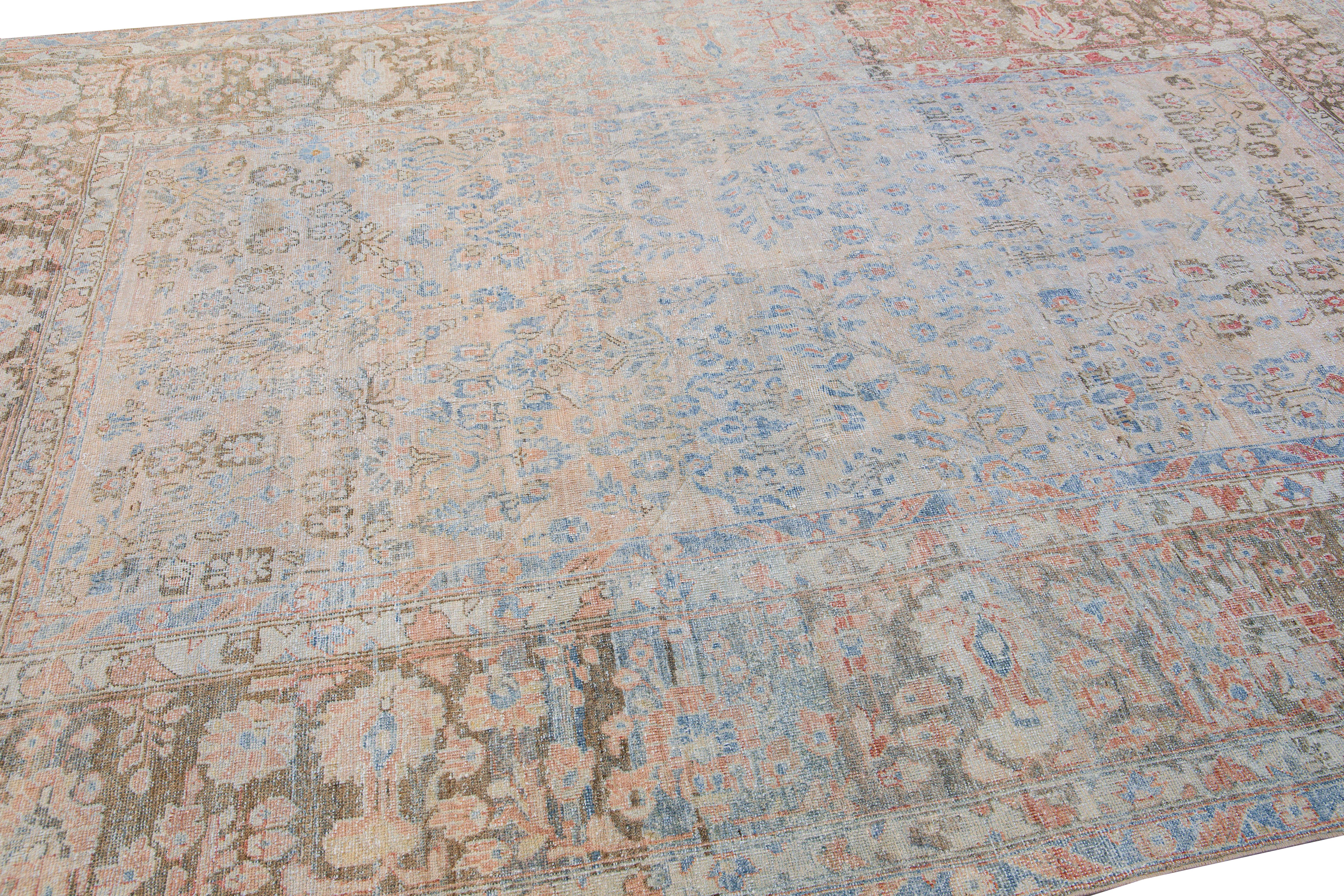 Hand-Knotted Antique Malayer Handmade Blue and Peach Floral Wool Rug For Sale