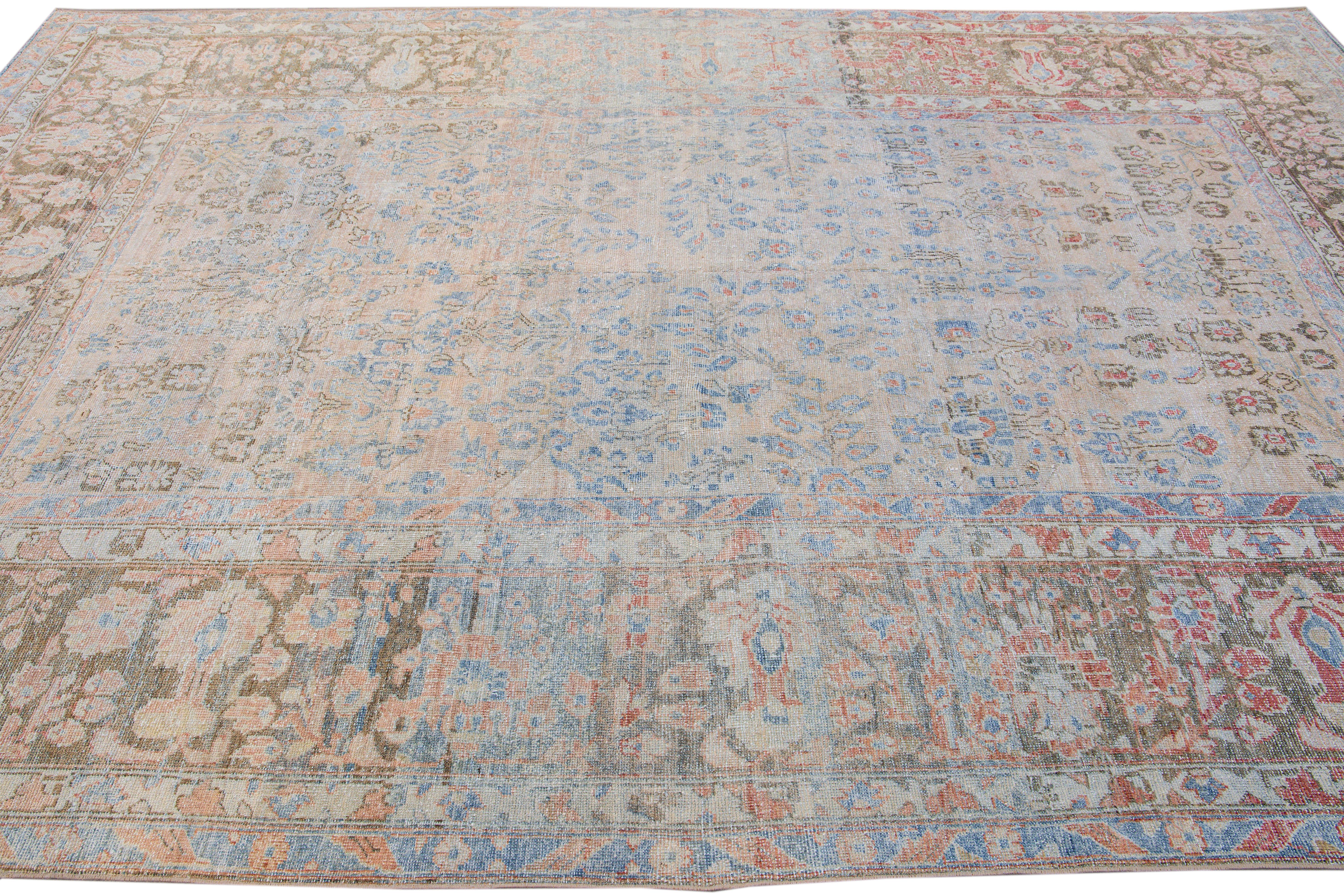 Antique Malayer Handmade Blue and Peach Floral Wool Rug In Good Condition For Sale In Norwalk, CT