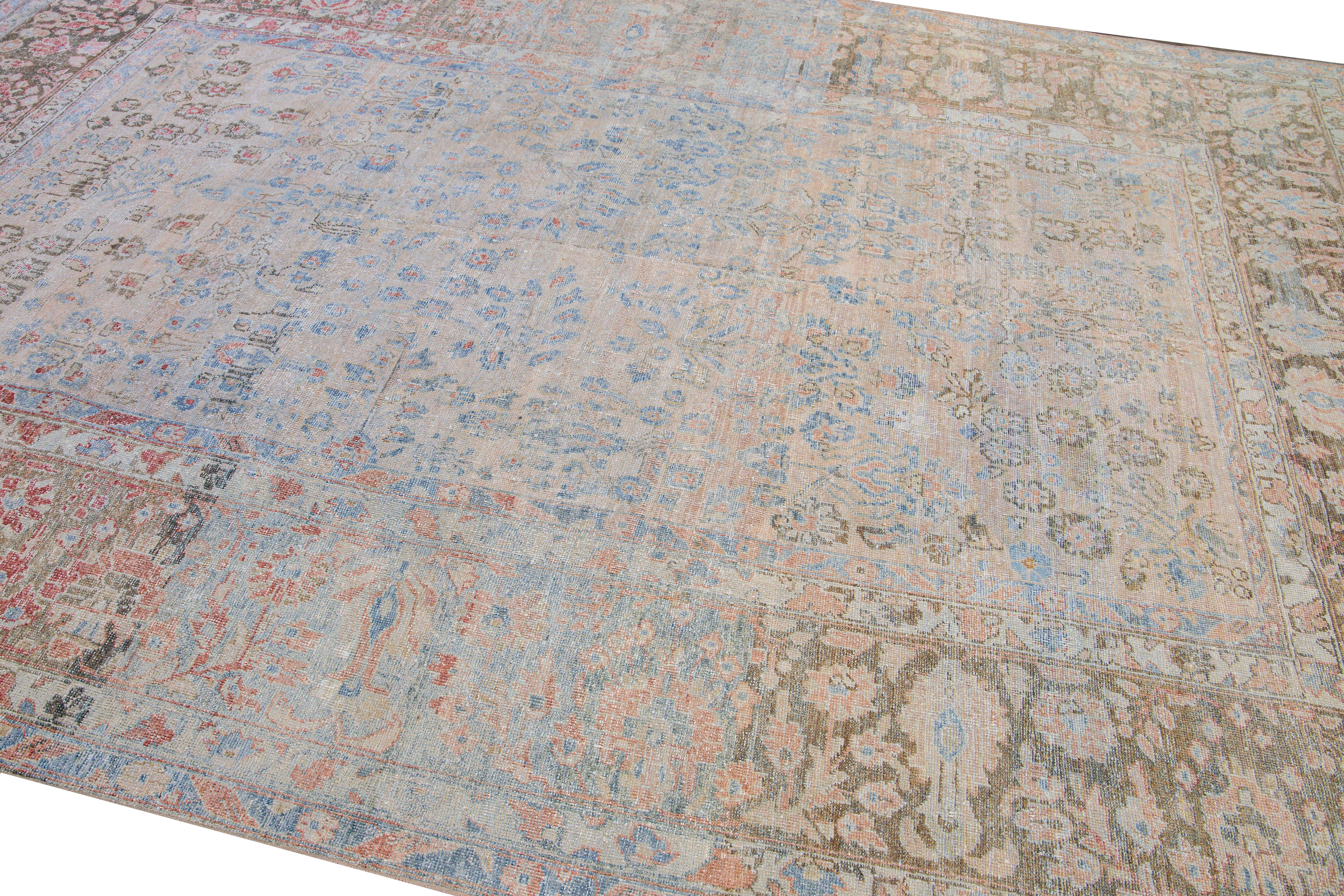 20th Century Antique Malayer Handmade Blue and Peach Floral Wool Rug For Sale