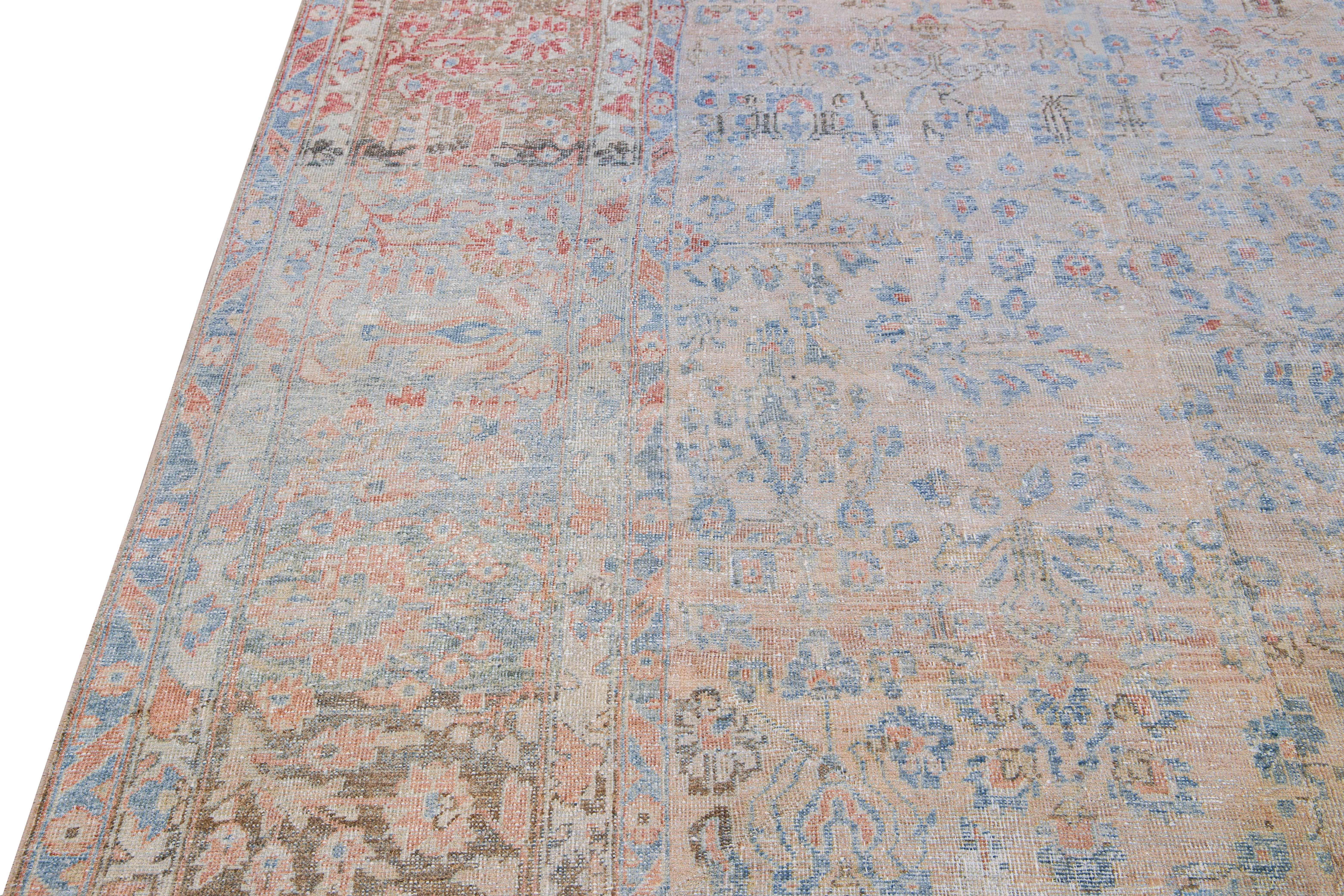 Antique Malayer Handmade Blue and Peach Floral Wool Rug For Sale 1