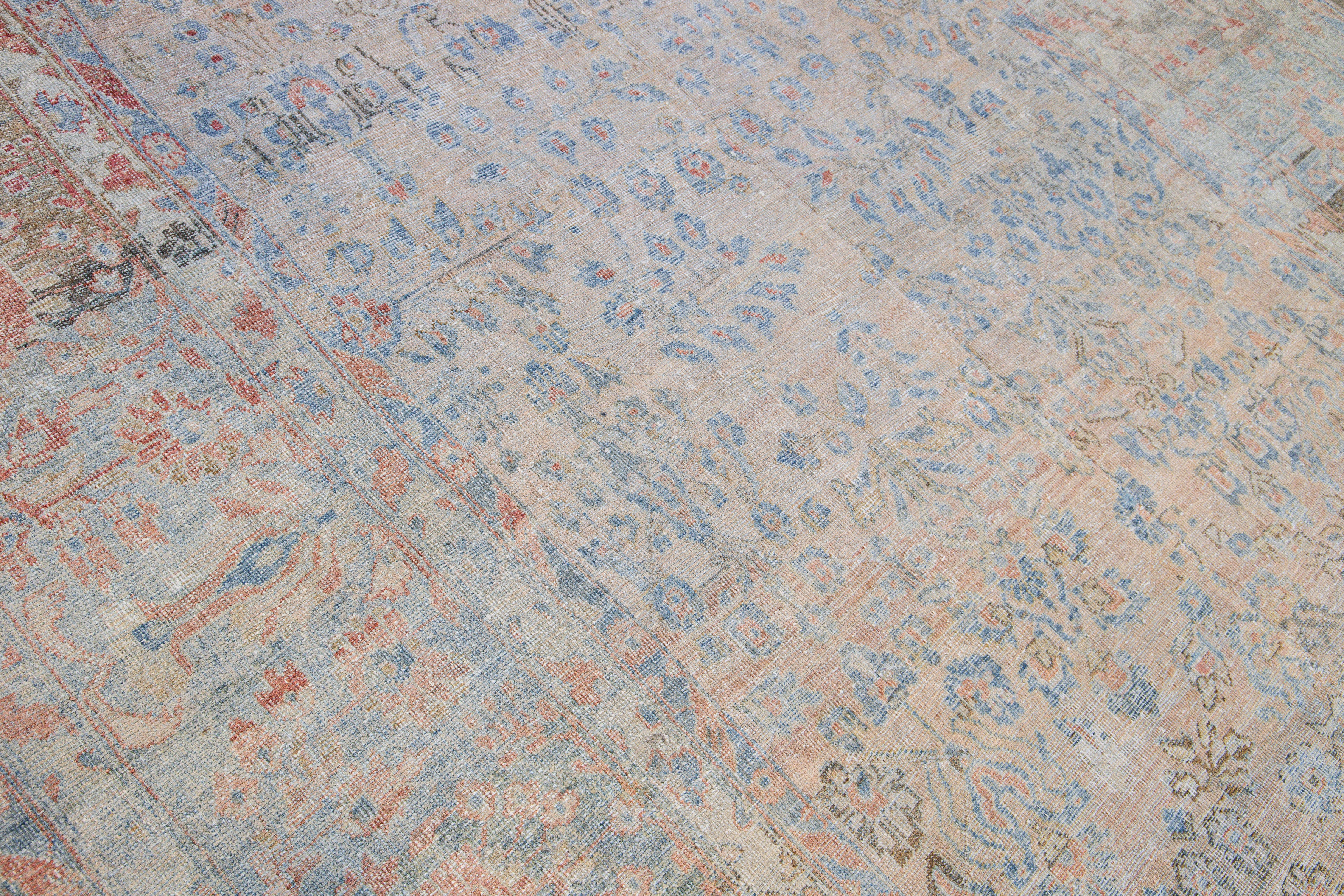 Antique Malayer Handmade Blue and Peach Floral Wool Rug For Sale 2