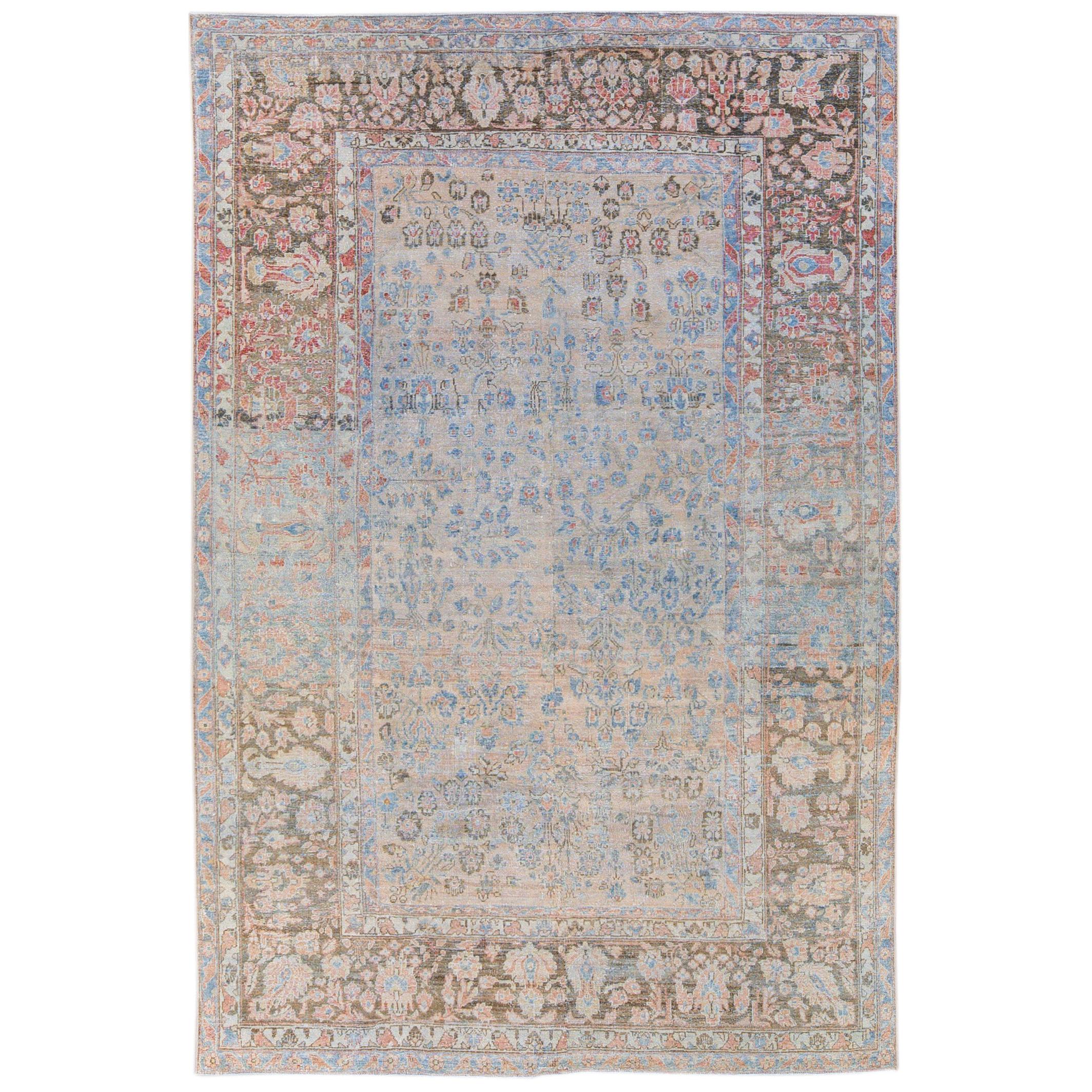 Antique Malayer Handmade Blue and Peach Floral Wool Rug For Sale
