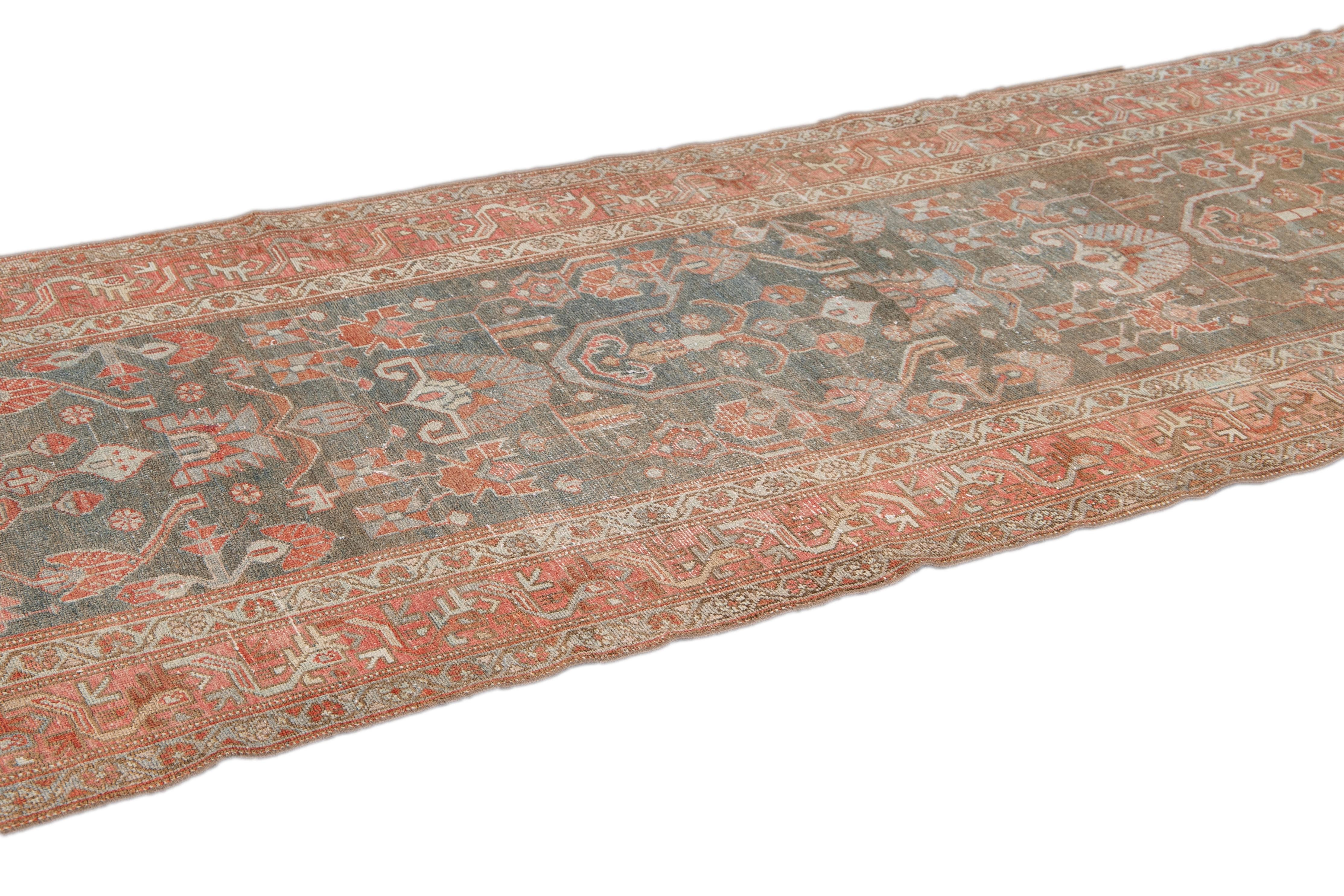 Antique Malayer Handmade Blue and Rust Floral Wool Runner In Good Condition For Sale In Norwalk, CT