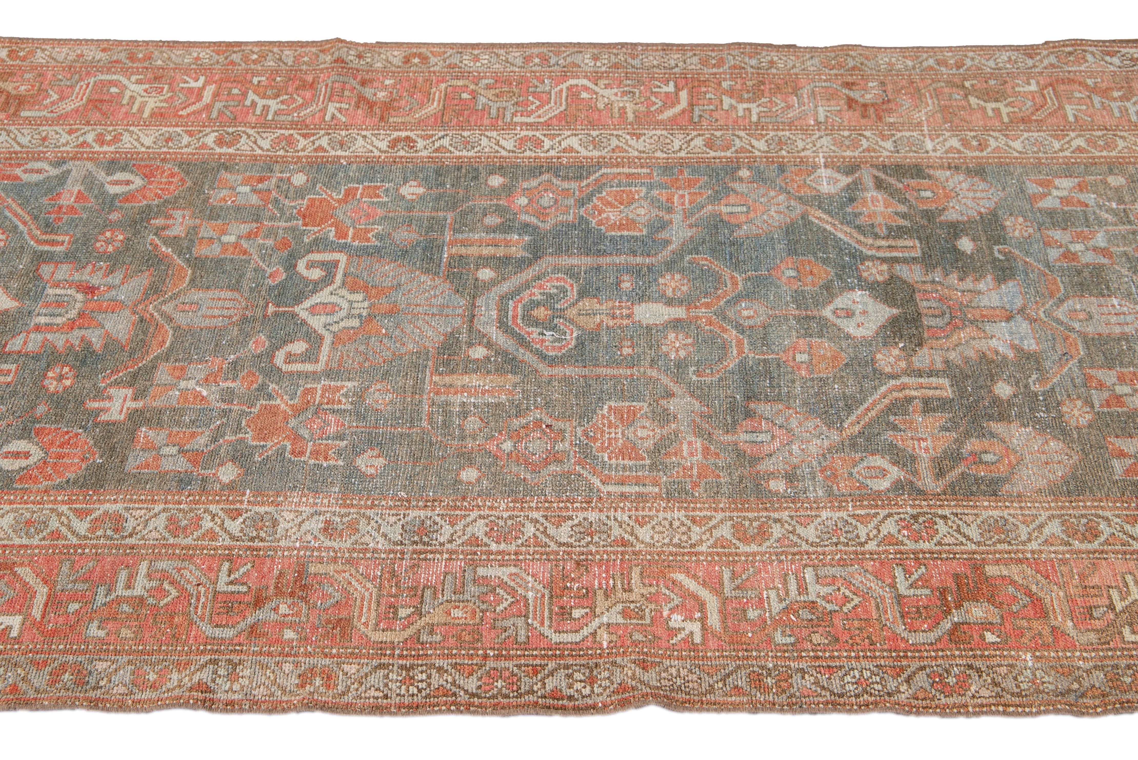 20th Century Antique Malayer Handmade Blue and Rust Floral Wool Runner For Sale