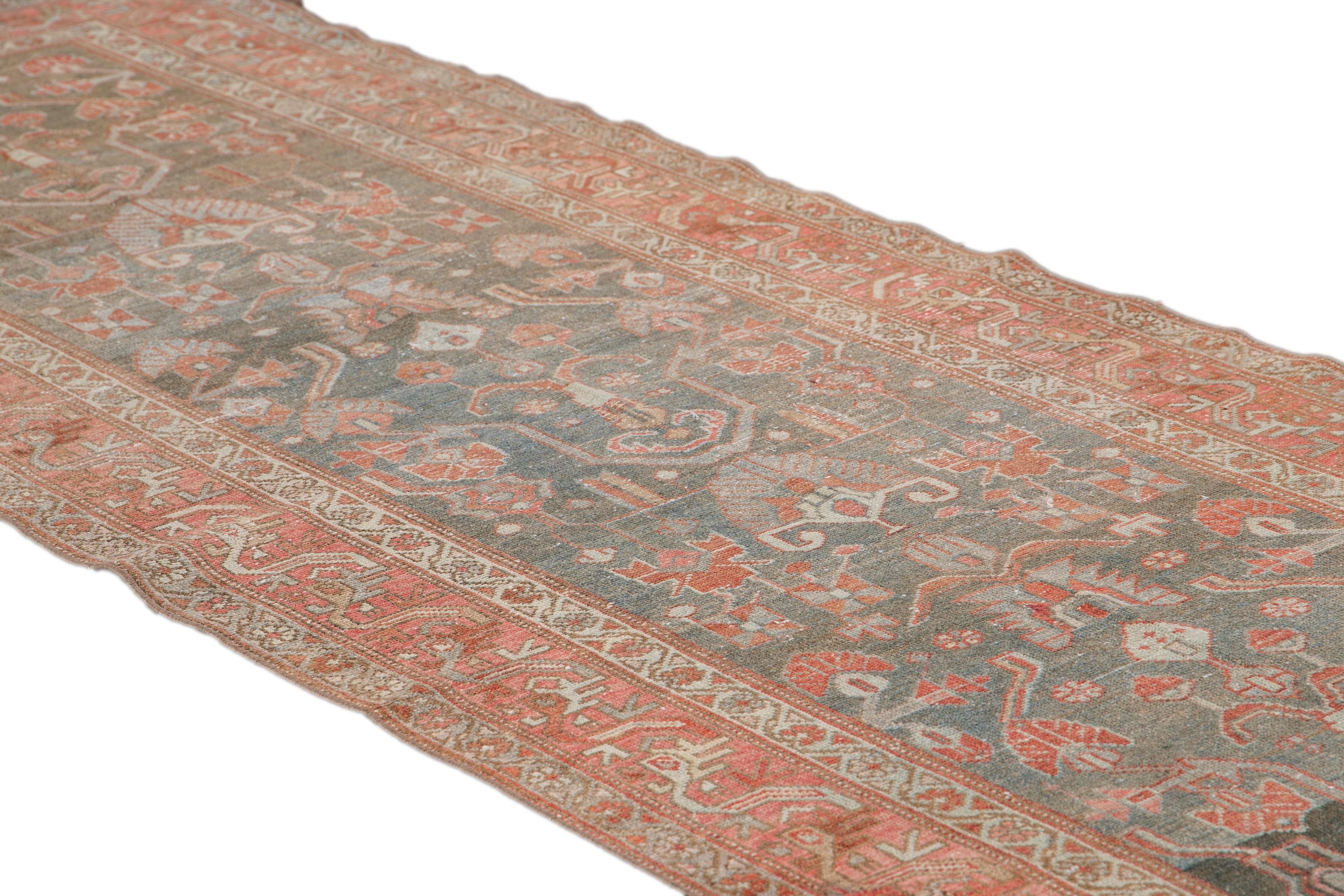 Antique Malayer Handmade Blue and Rust Floral Wool Runner For Sale 1
