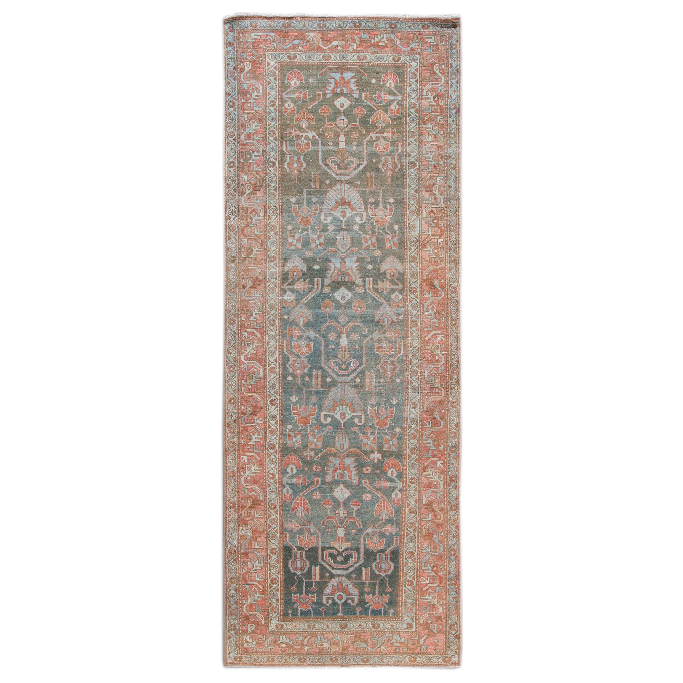 Antique Malayer Handmade Blue and Rust Floral Wool Runner