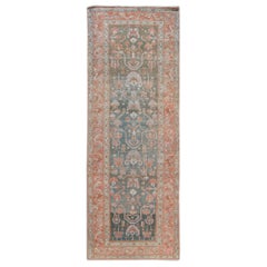 Antique Malayer Handmade Blue and Rust Floral Wool Runner