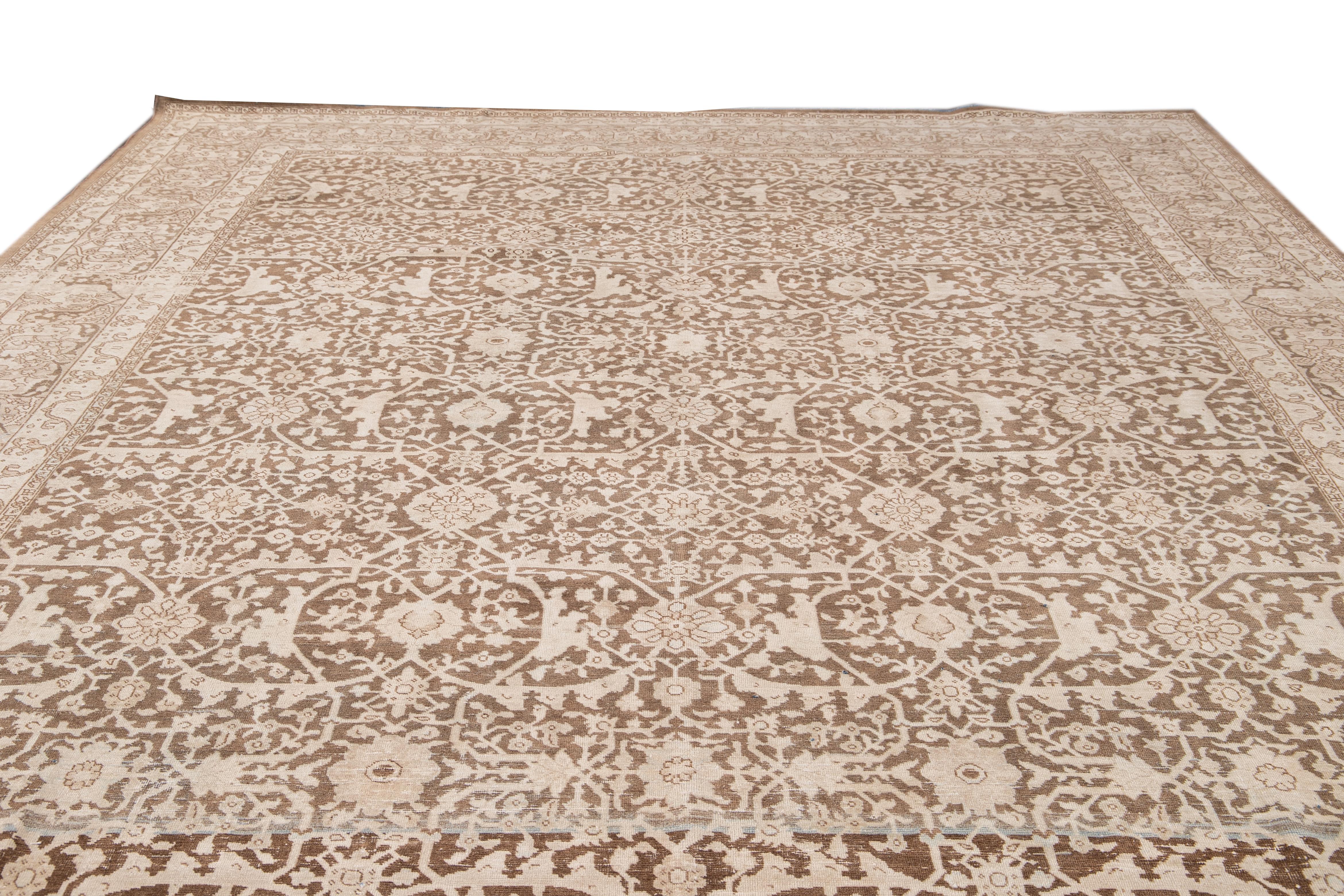 Islamic Antique Malayer Handmade Brown and Beige Floral Wool Rug For Sale