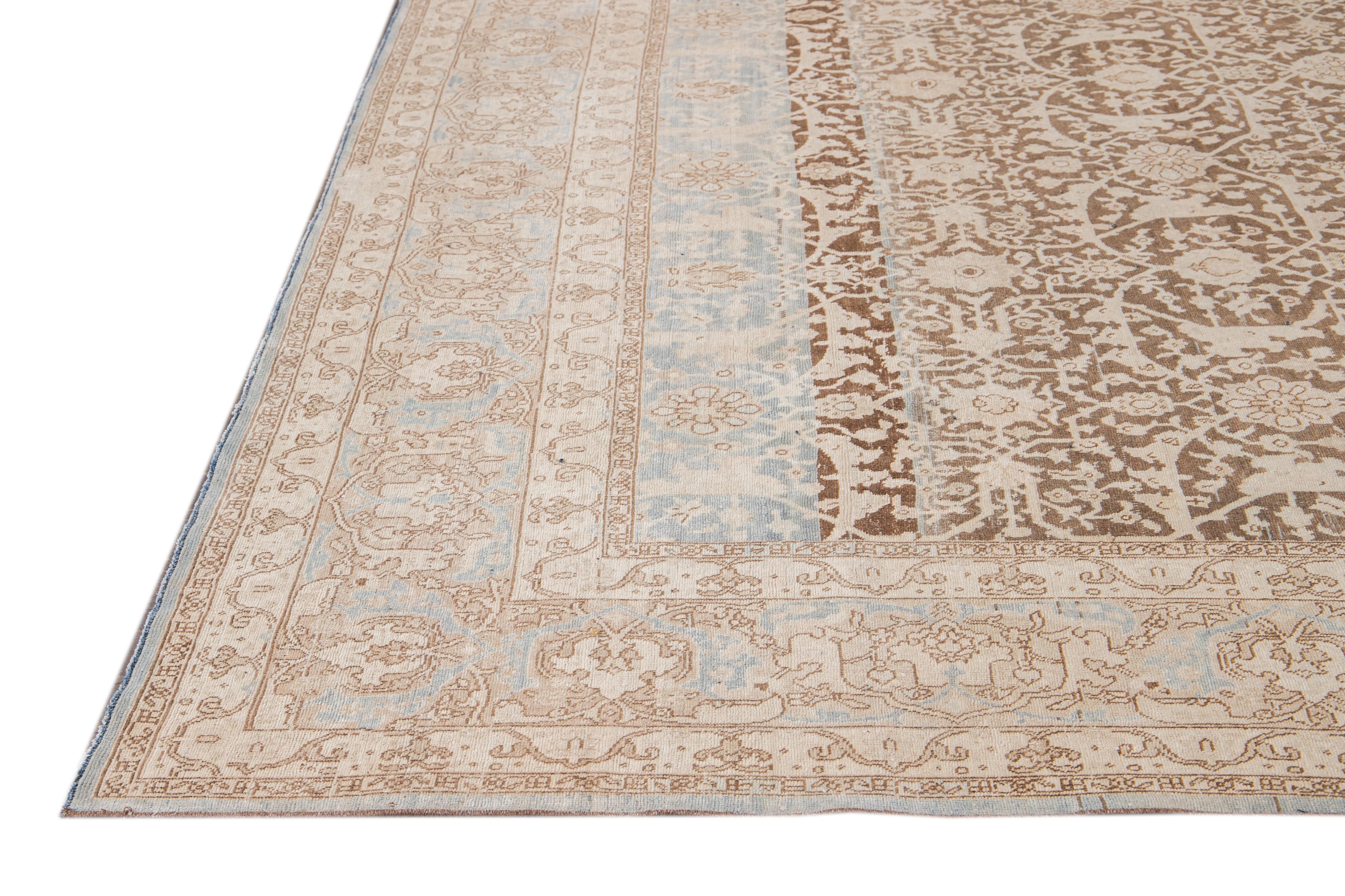 Persian Antique Malayer Handmade Brown and Beige Floral Wool Rug For Sale