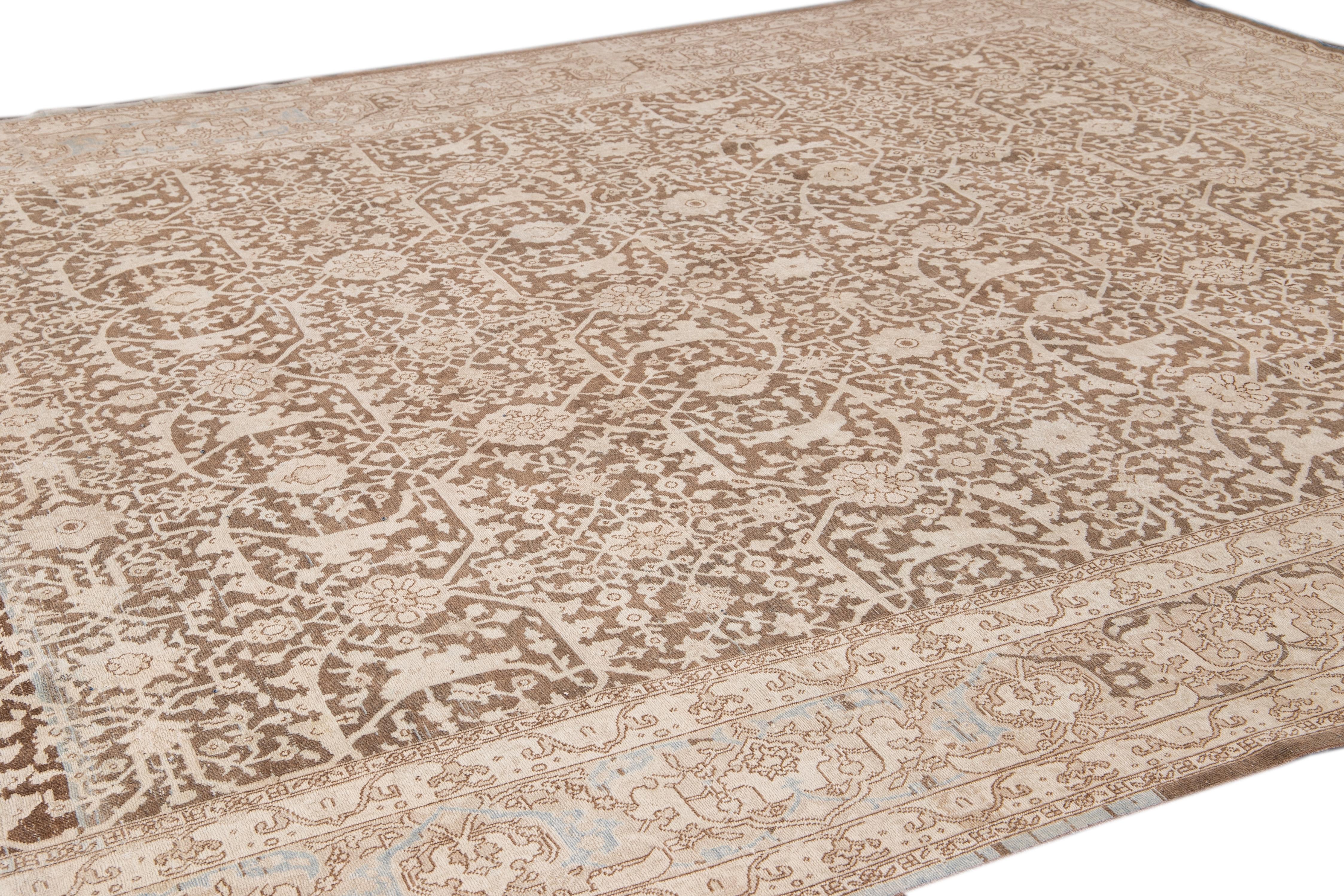 Hand-Knotted Antique Malayer Handmade Brown and Beige Floral Wool Rug For Sale