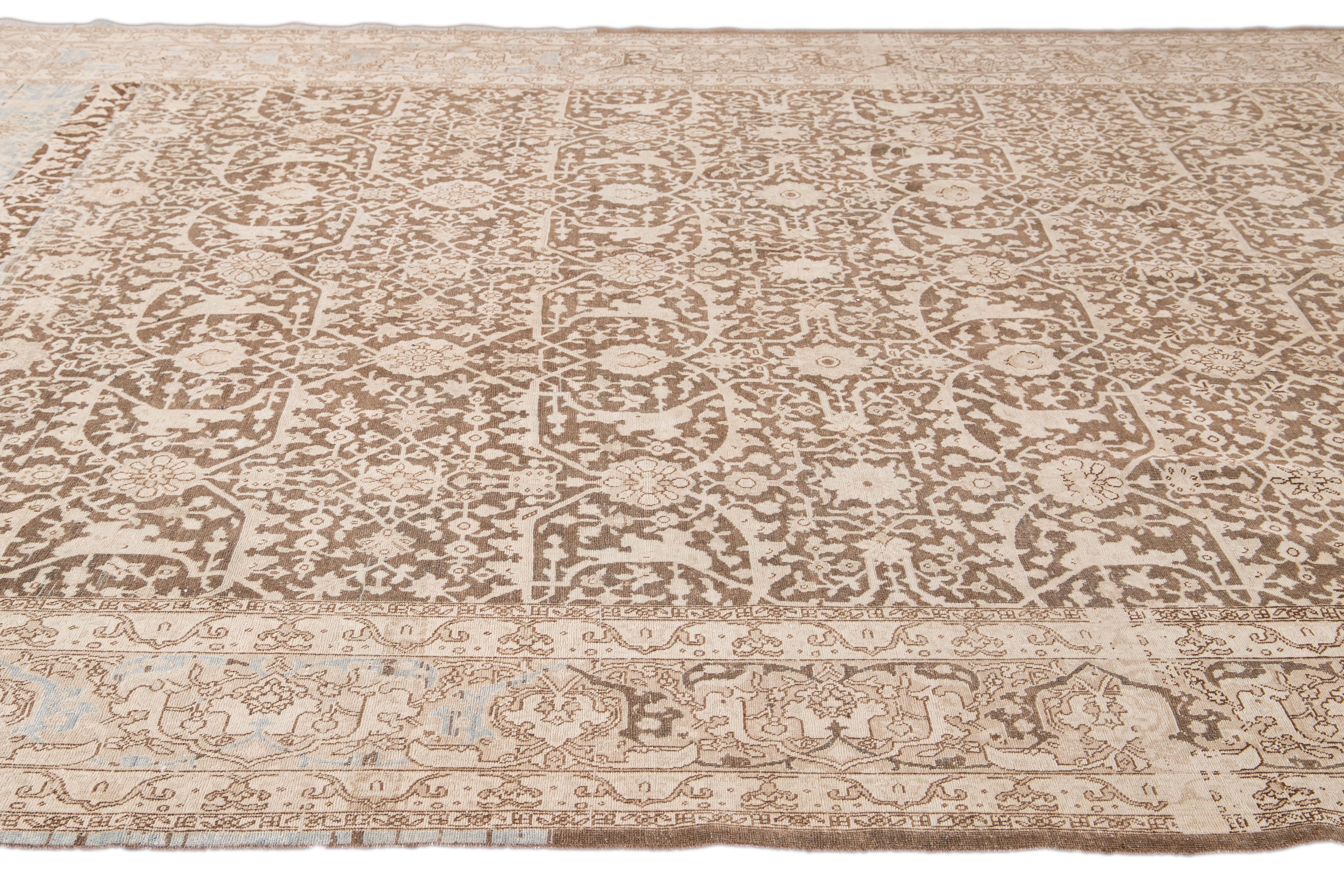Antique Malayer Handmade Brown and Beige Floral Wool Rug In Good Condition For Sale In Norwalk, CT