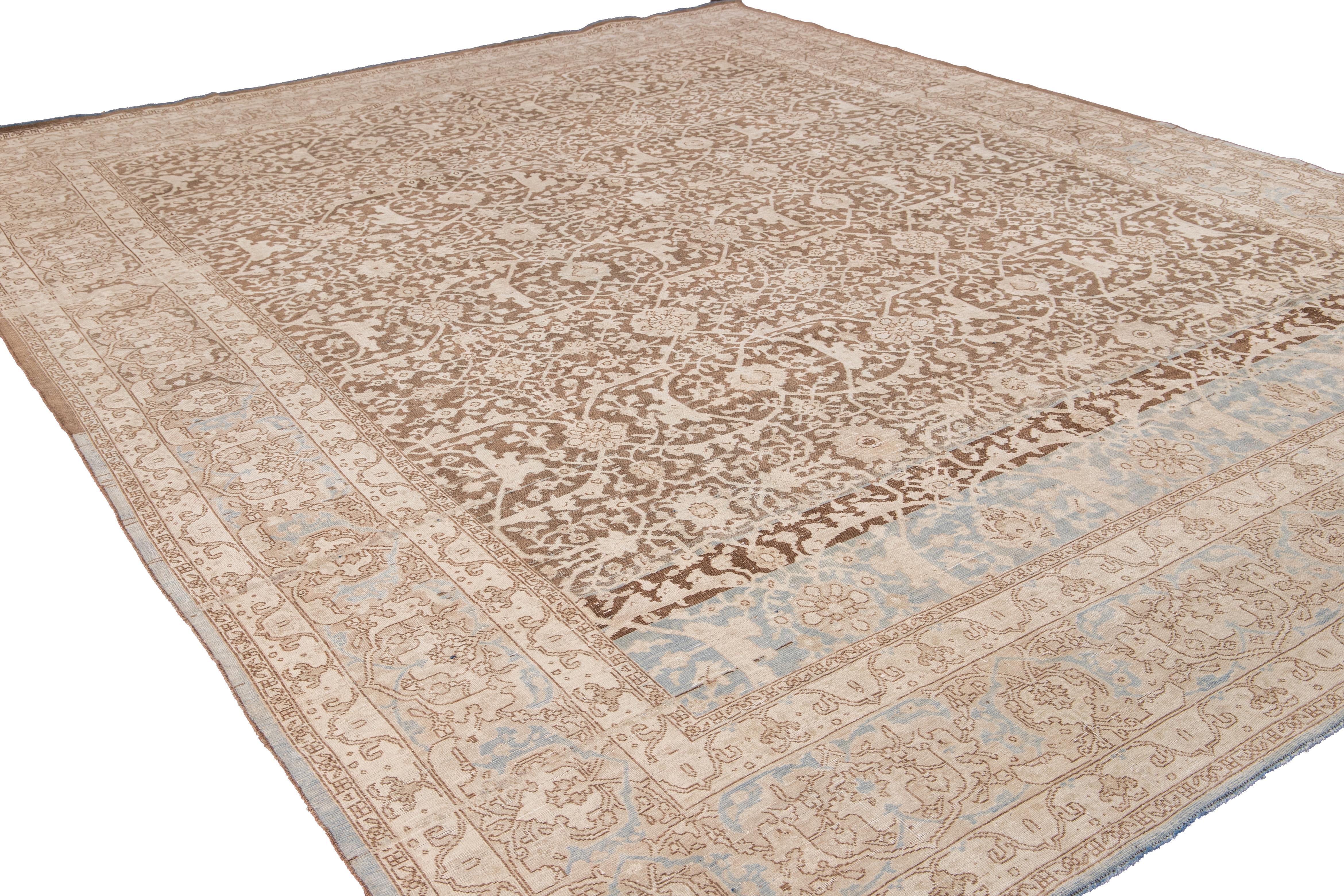20th Century Antique Malayer Handmade Brown and Beige Floral Wool Rug For Sale