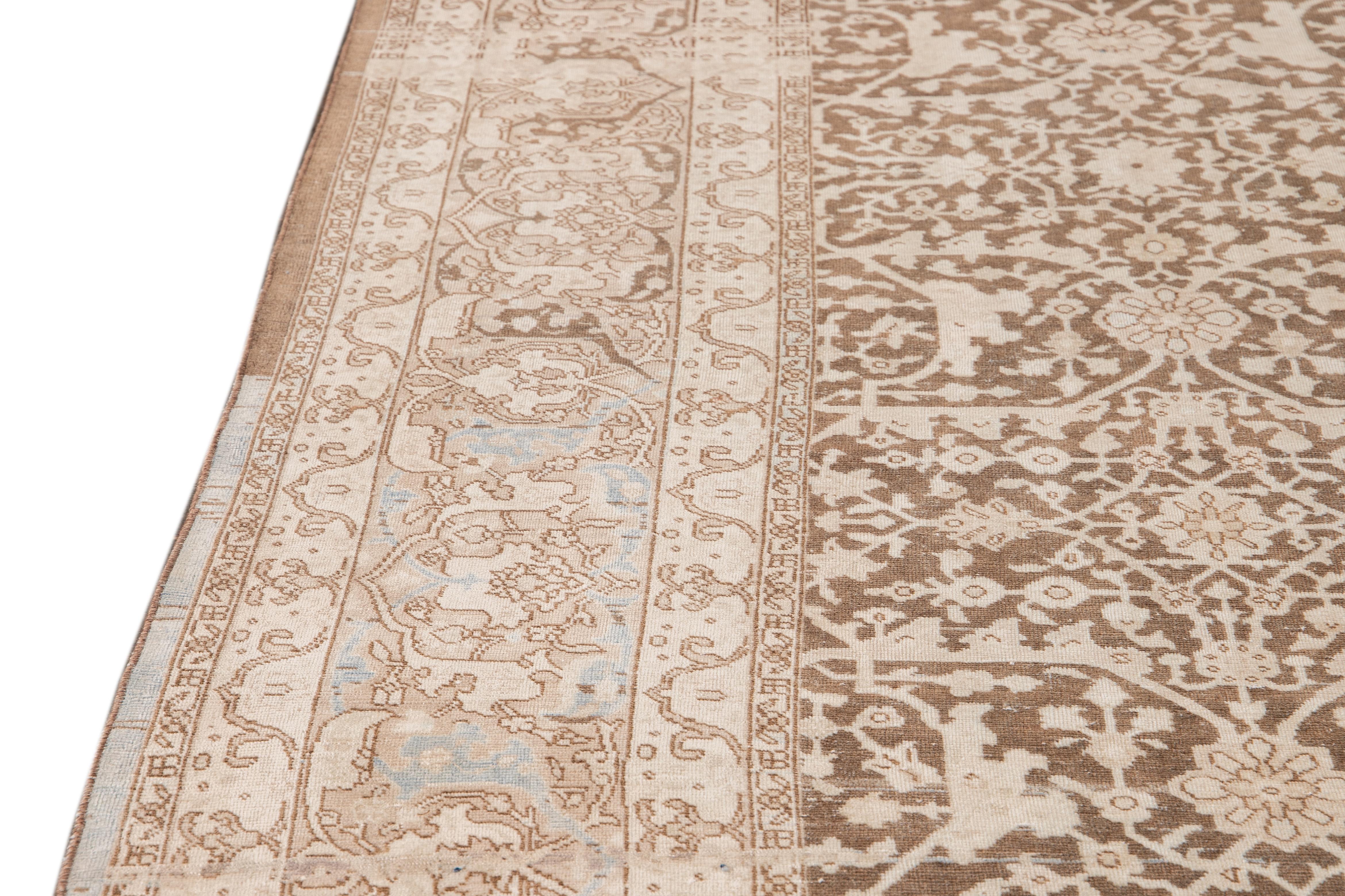 Antique Malayer Handmade Brown and Beige Floral Wool Rug For Sale 1