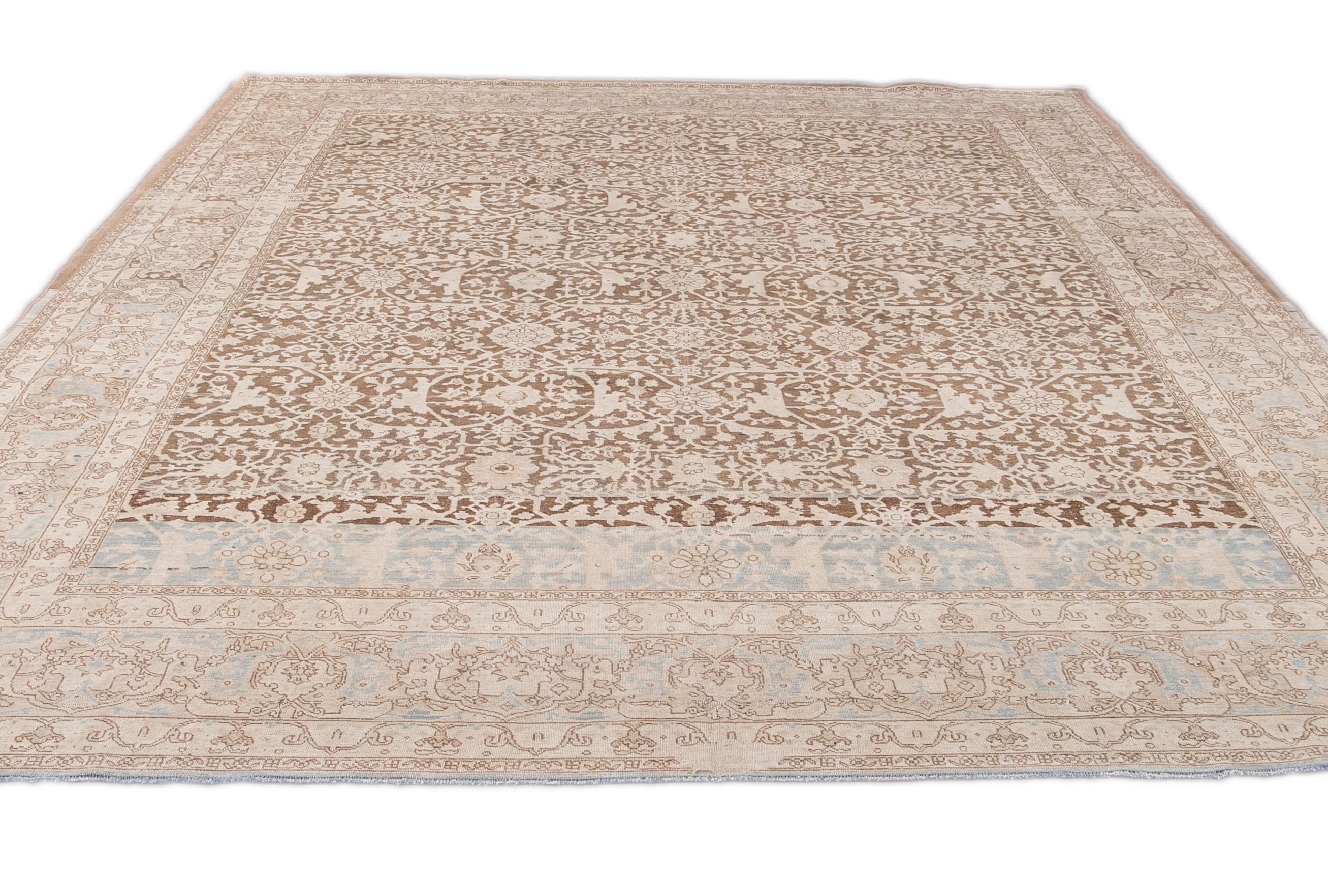 Antique Malayer Handmade Brown and Beige Floral Wool Rug For Sale 2