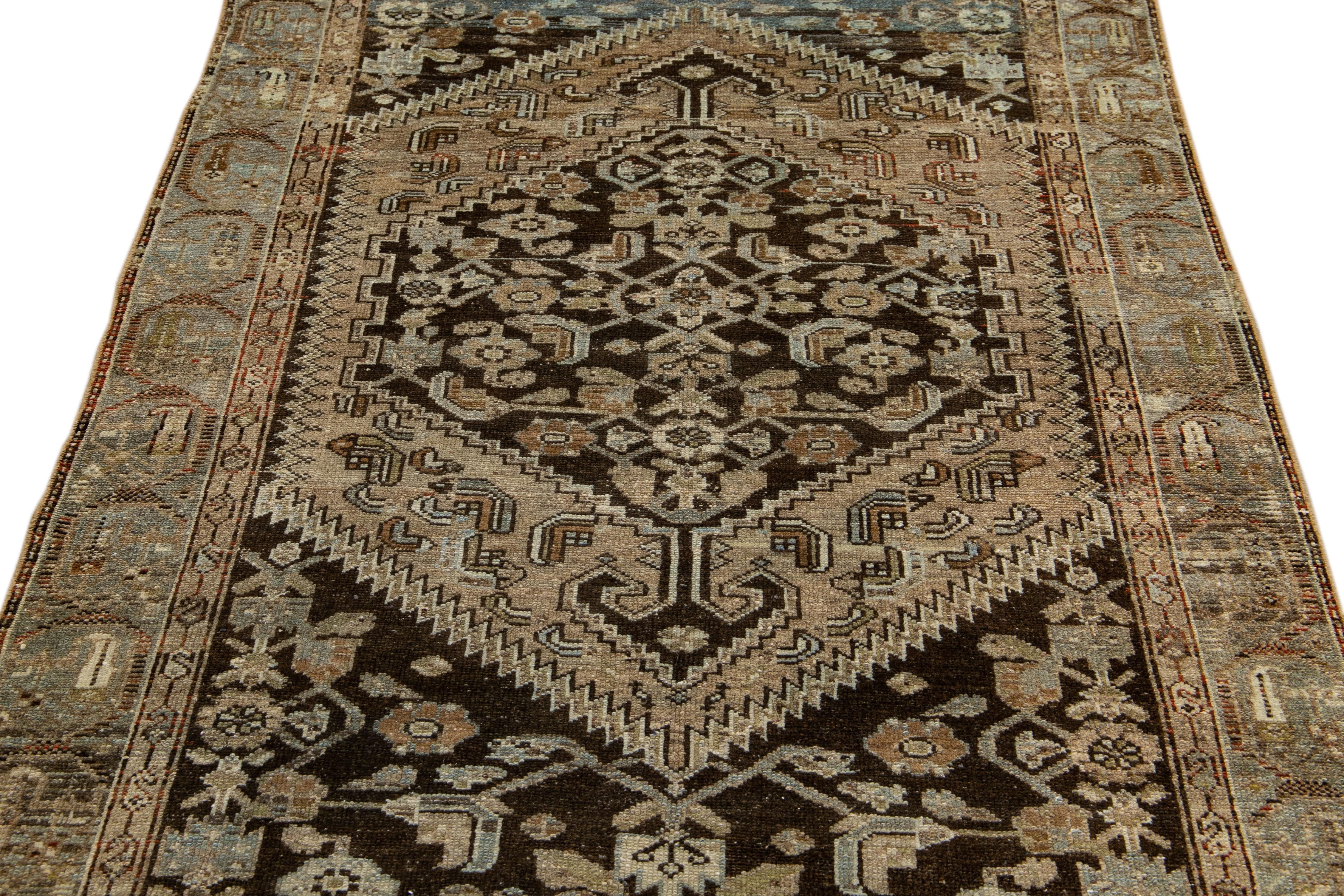 Islamic Antique Malayer Handmade Floral Designed Brown Wool Rug For Sale