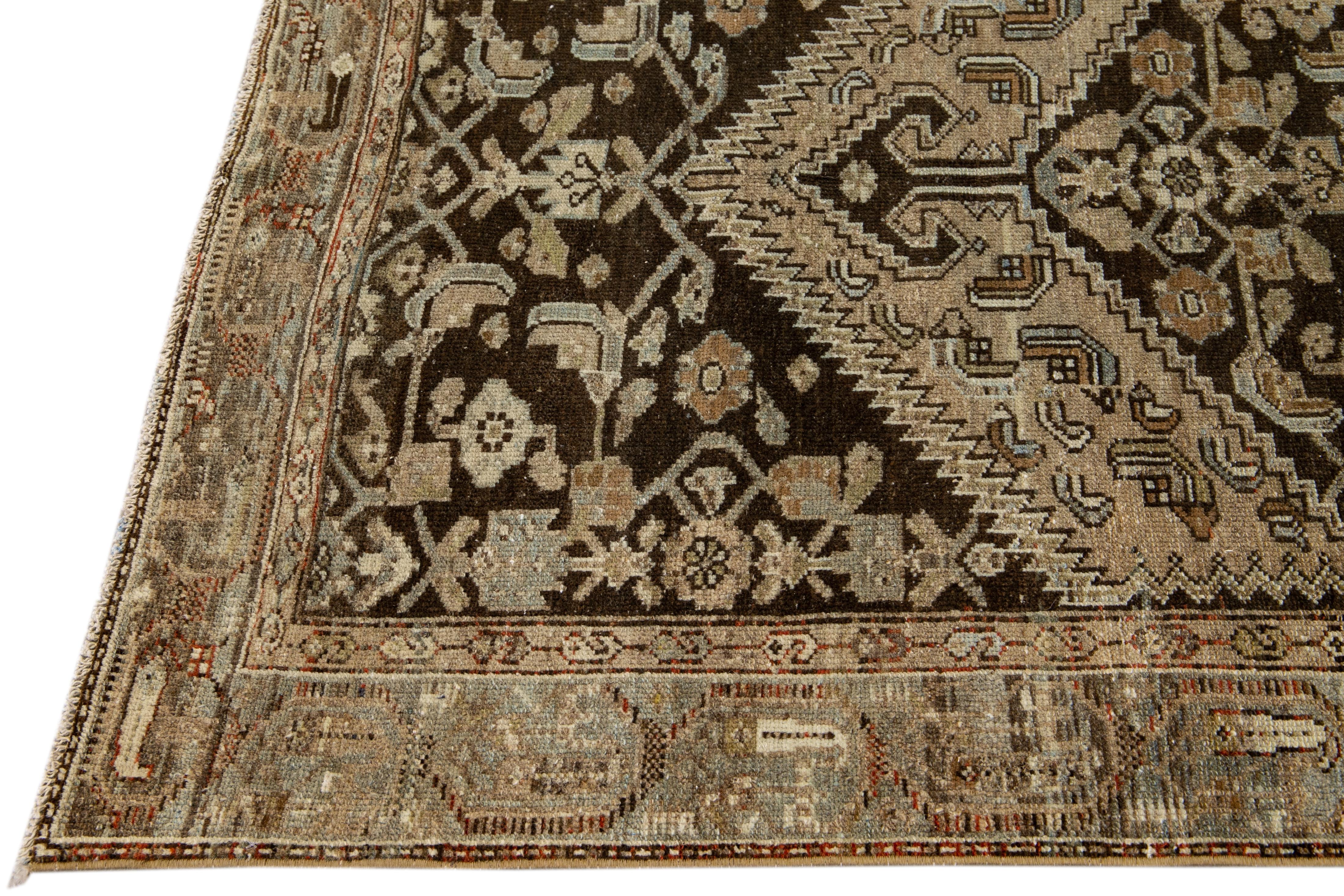 Persian Antique Malayer Handmade Floral Designed Brown Wool Rug For Sale