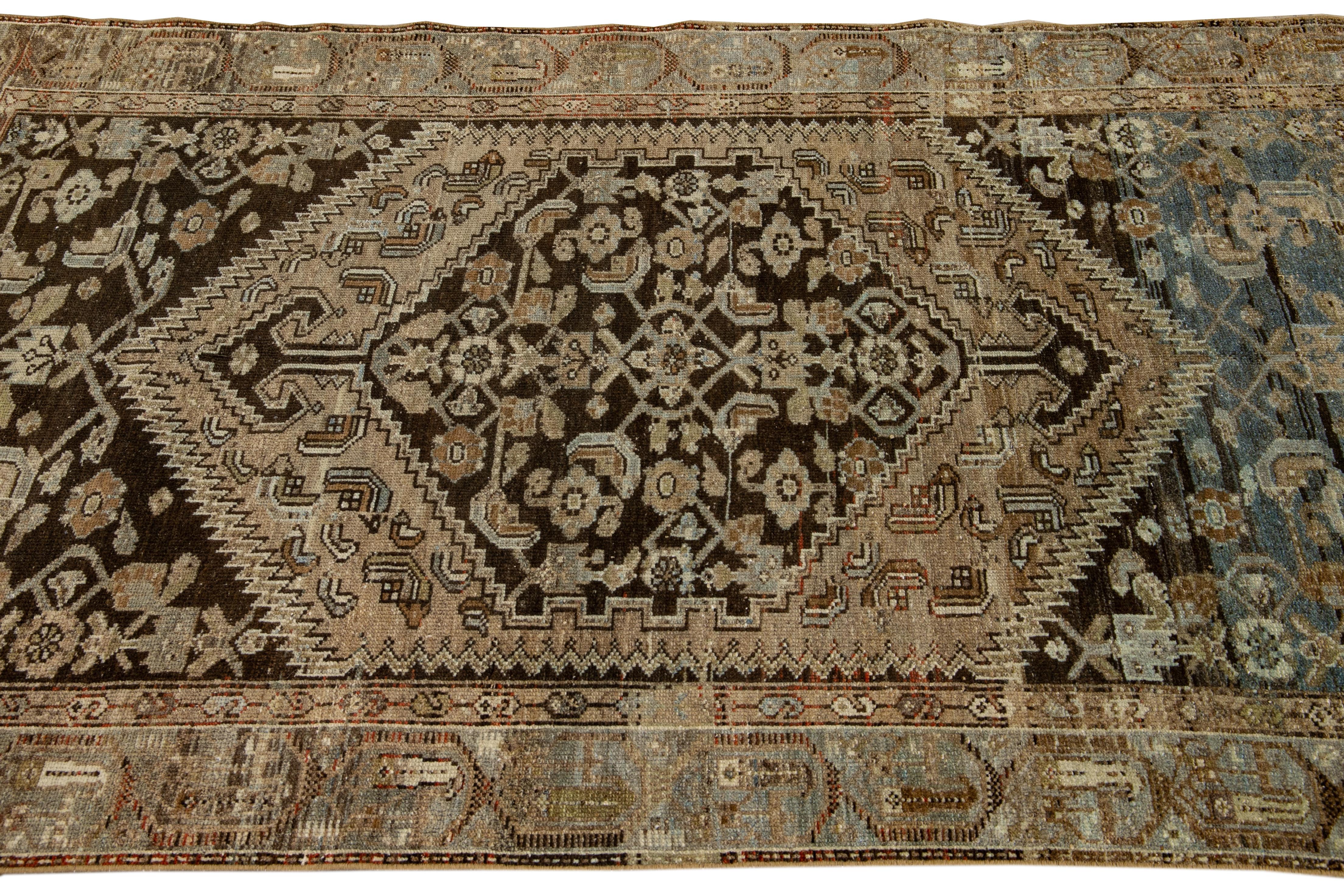 Antique Malayer Handmade Floral Designed Brown Wool Rug In Good Condition For Sale In Norwalk, CT