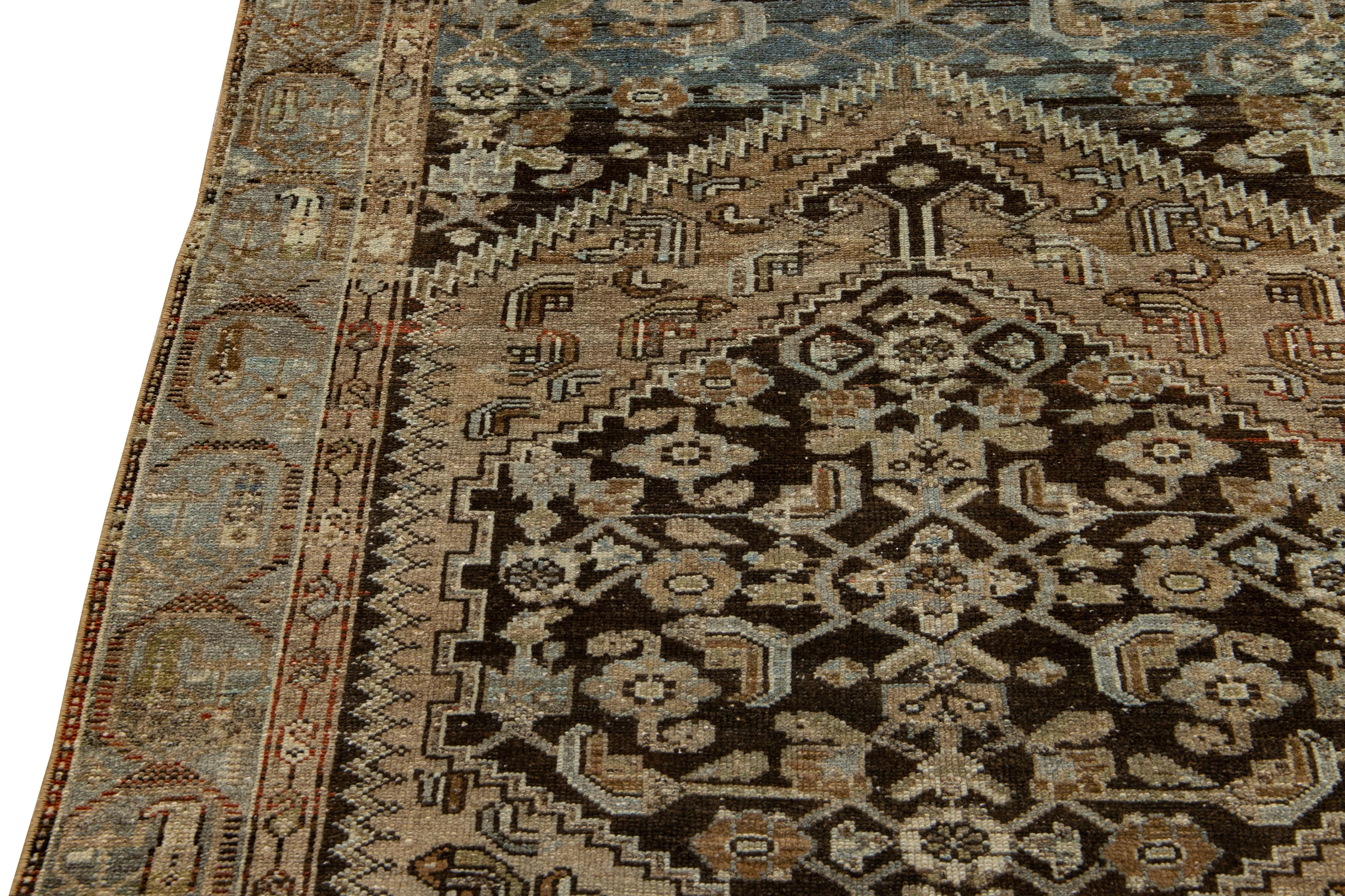 Antique Malayer Handmade Floral Designed Brown Wool Rug For Sale 1