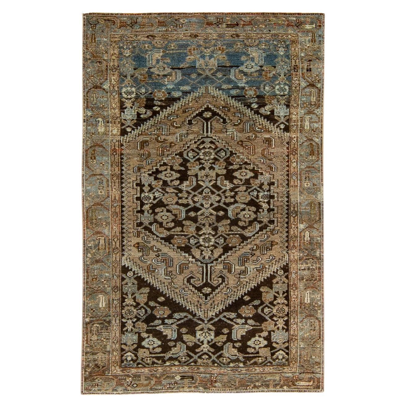 Antique Malayer Handmade Floral Designed Brown Wool Rug For Sale