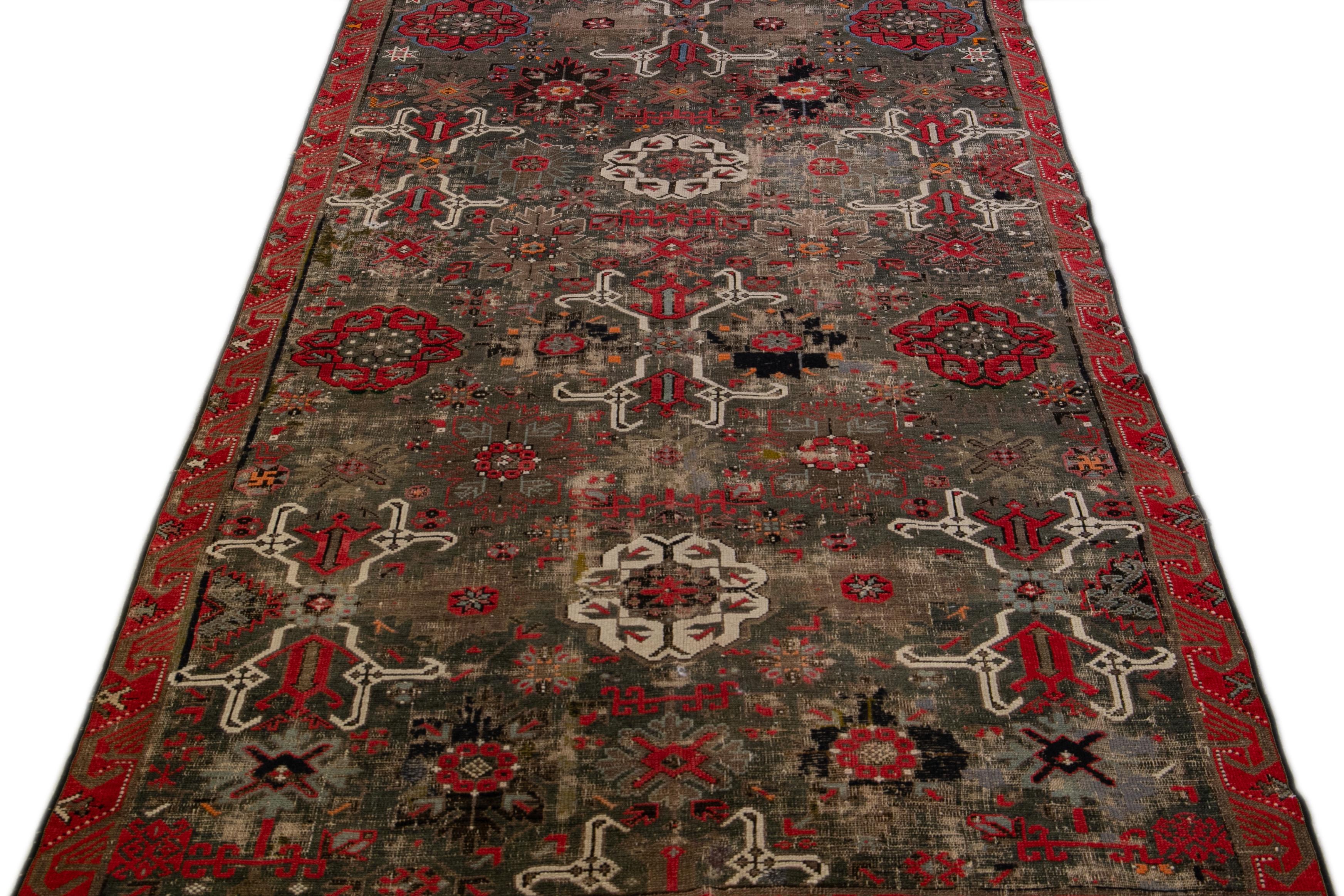 Islamic Antique Malayer Handmade Floral Pattern Brown Gallery Wool Rug For Sale