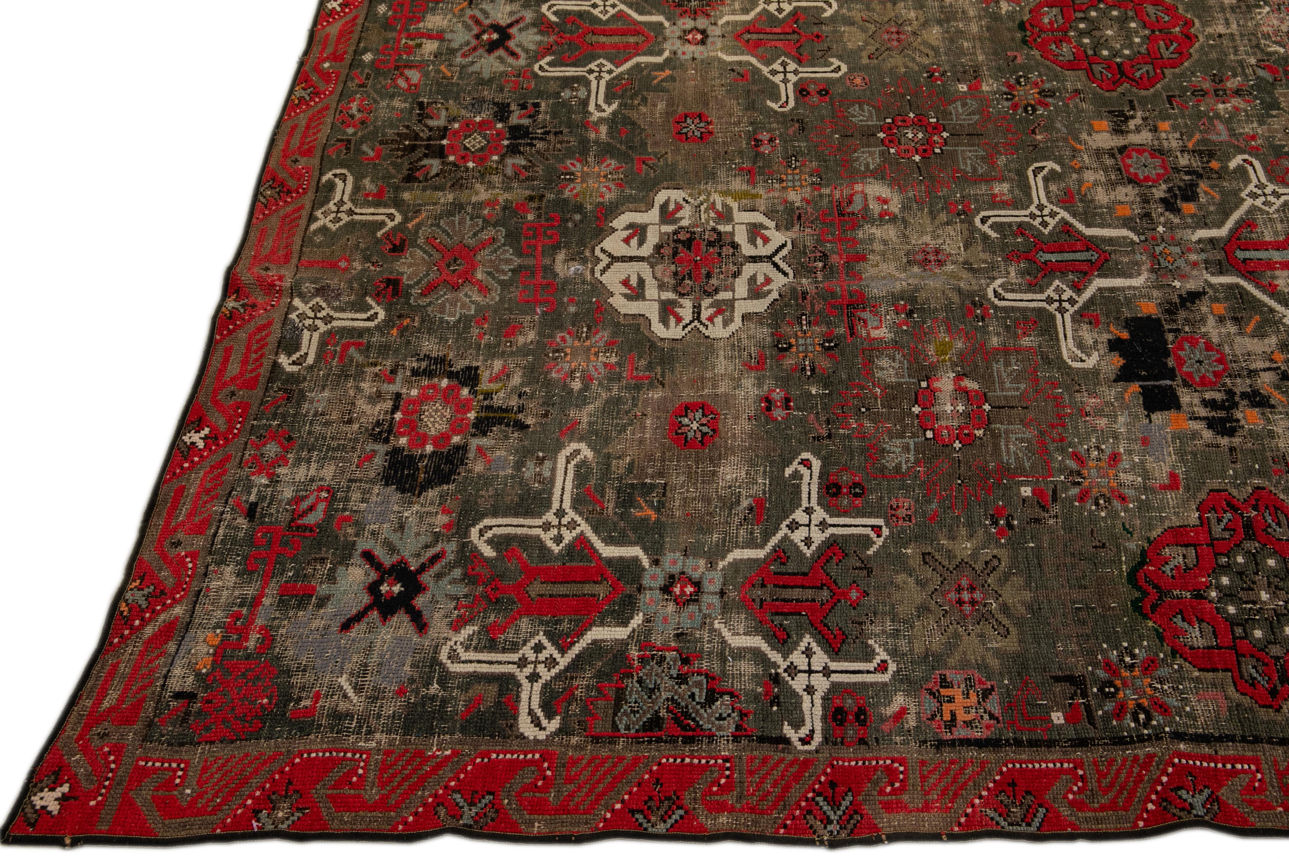Persian Antique Malayer Handmade Floral Pattern Brown Gallery Wool Rug For Sale
