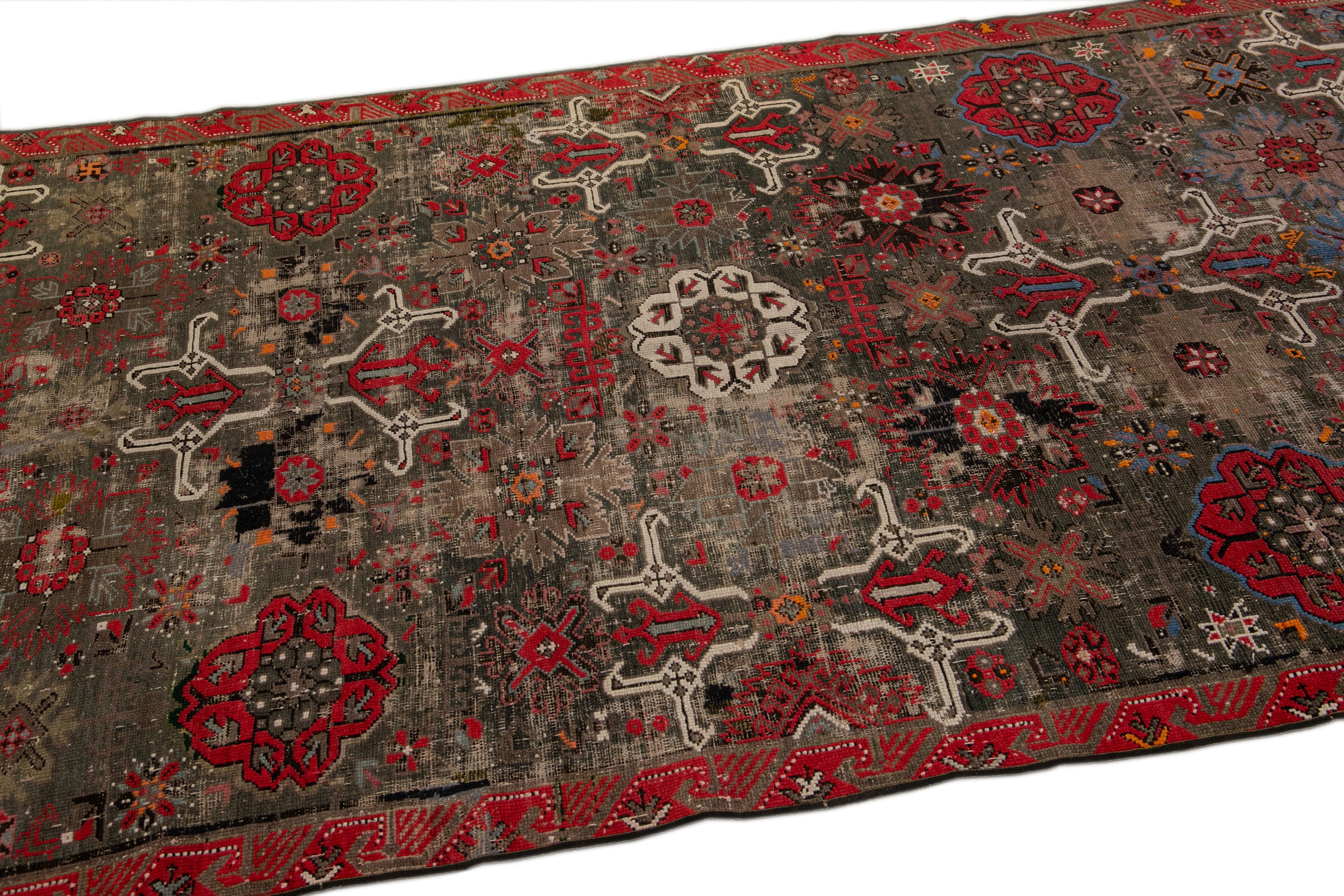 Hand-Knotted Antique Malayer Handmade Floral Pattern Brown Gallery Wool Rug For Sale