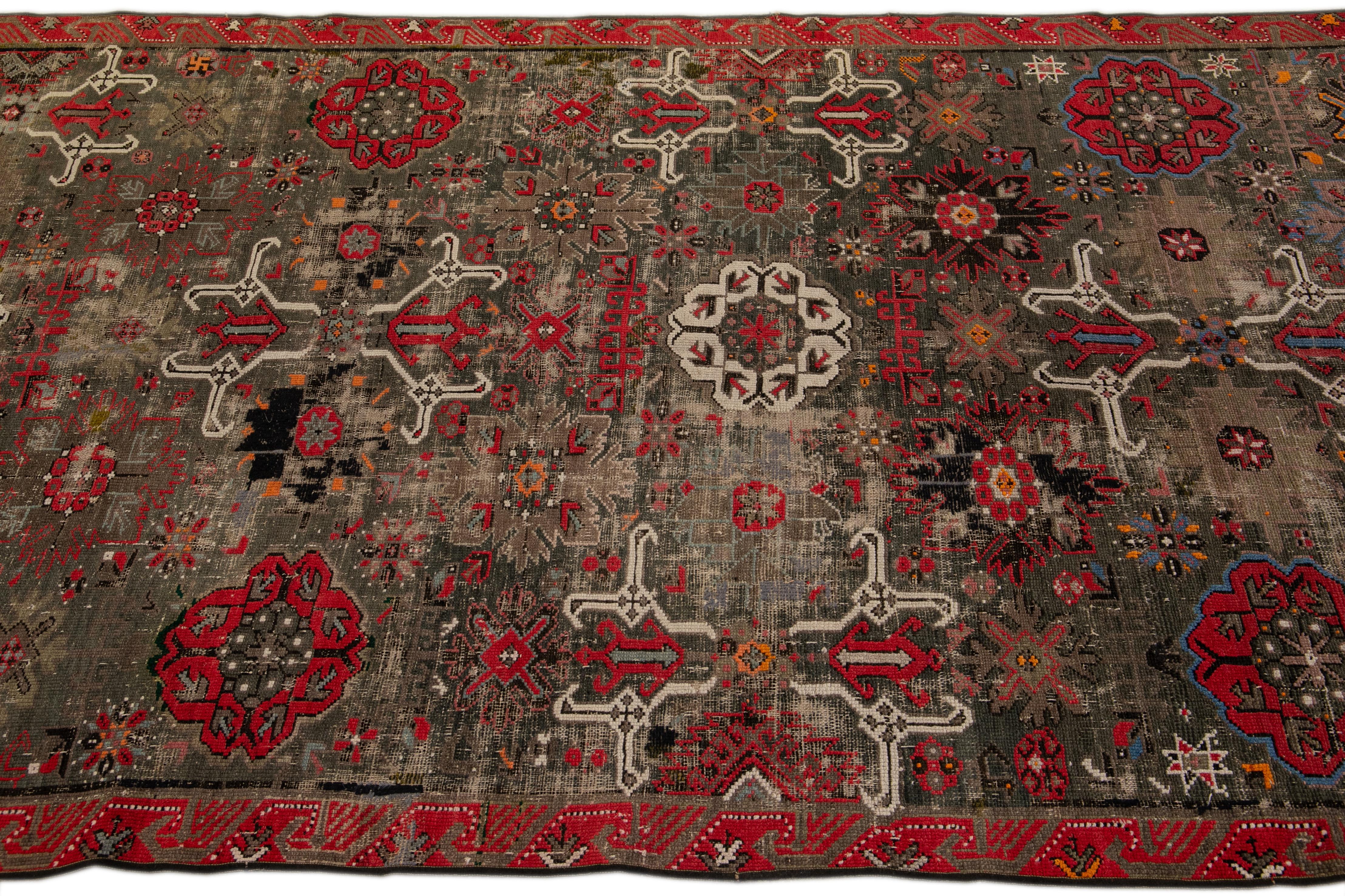 Antique Malayer Handmade Floral Pattern Brown Gallery Wool Rug In Good Condition For Sale In Norwalk, CT