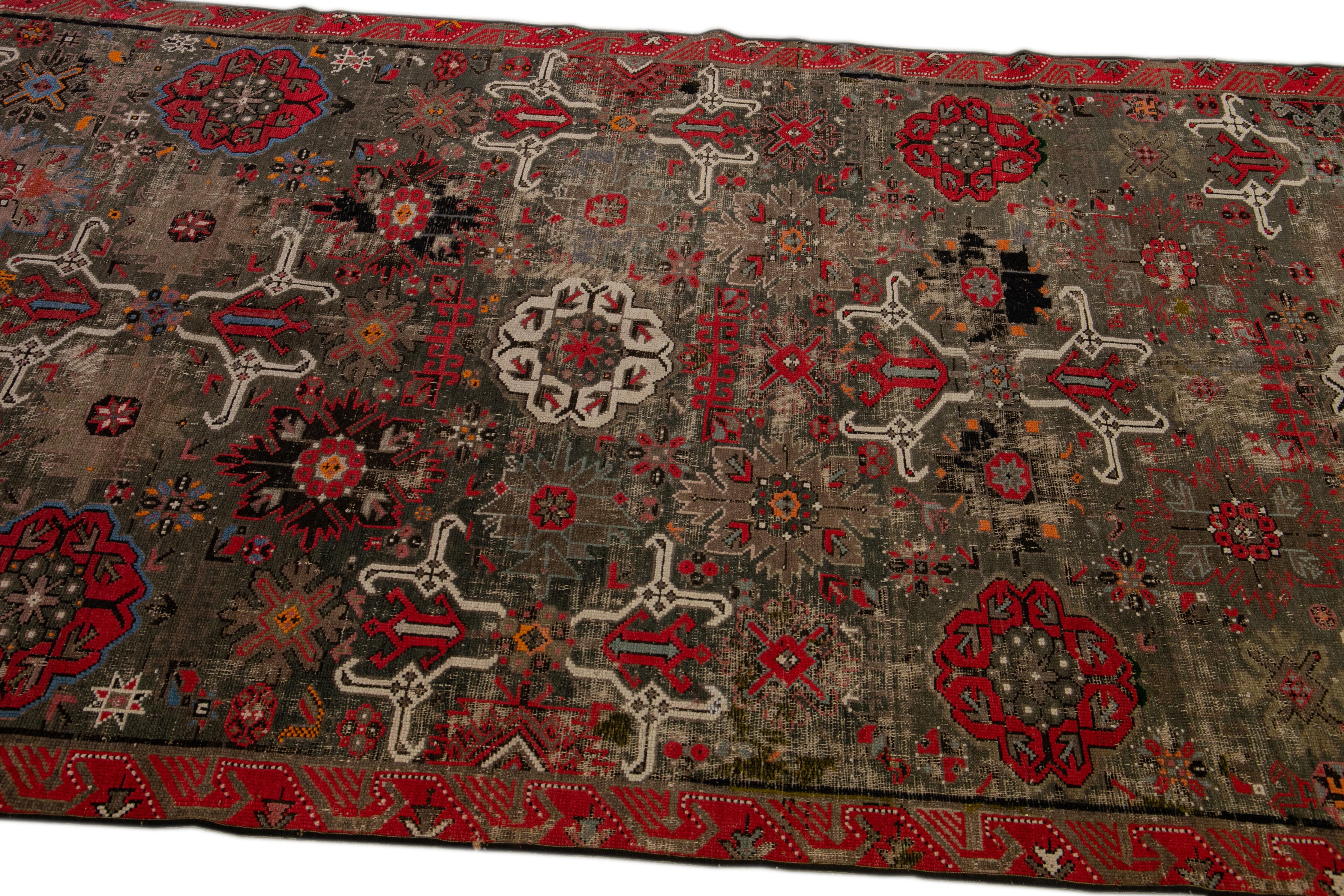 20th Century Antique Malayer Handmade Floral Pattern Brown Gallery Wool Rug For Sale