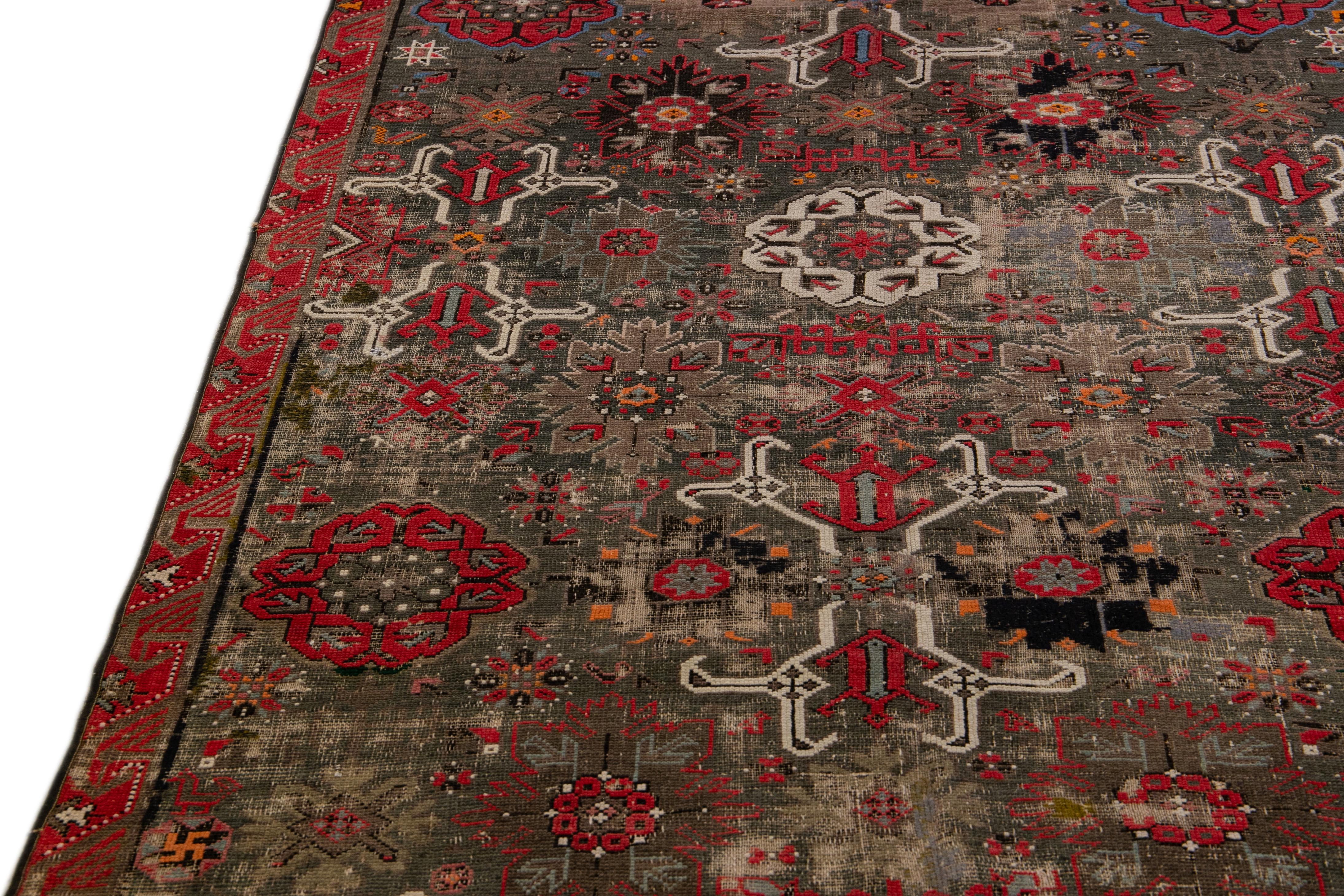 Antique Malayer Handmade Floral Pattern Brown Gallery Wool Rug For Sale 2
