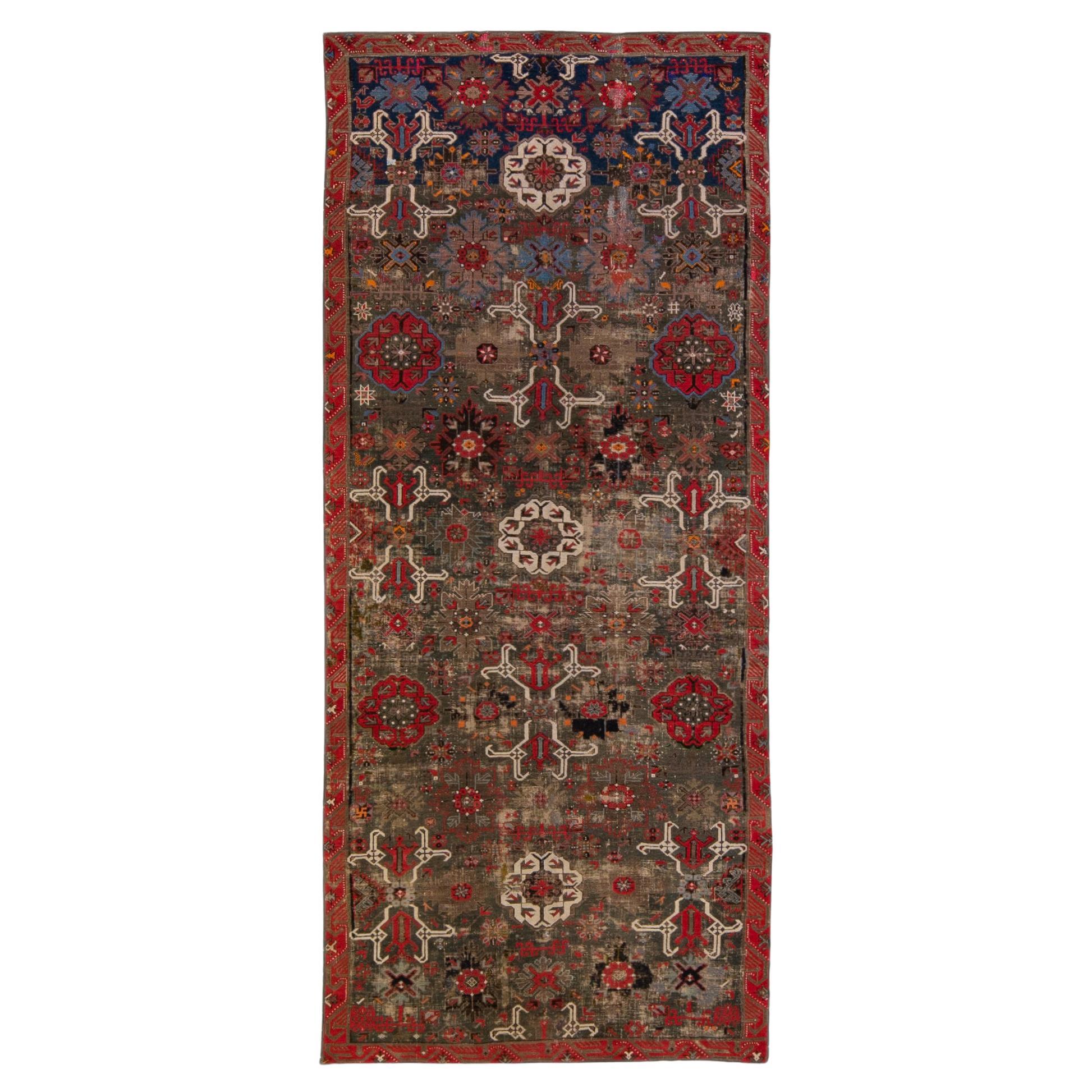 Antique Malayer Handmade Floral Pattern Brown Gallery Wool Rug For Sale